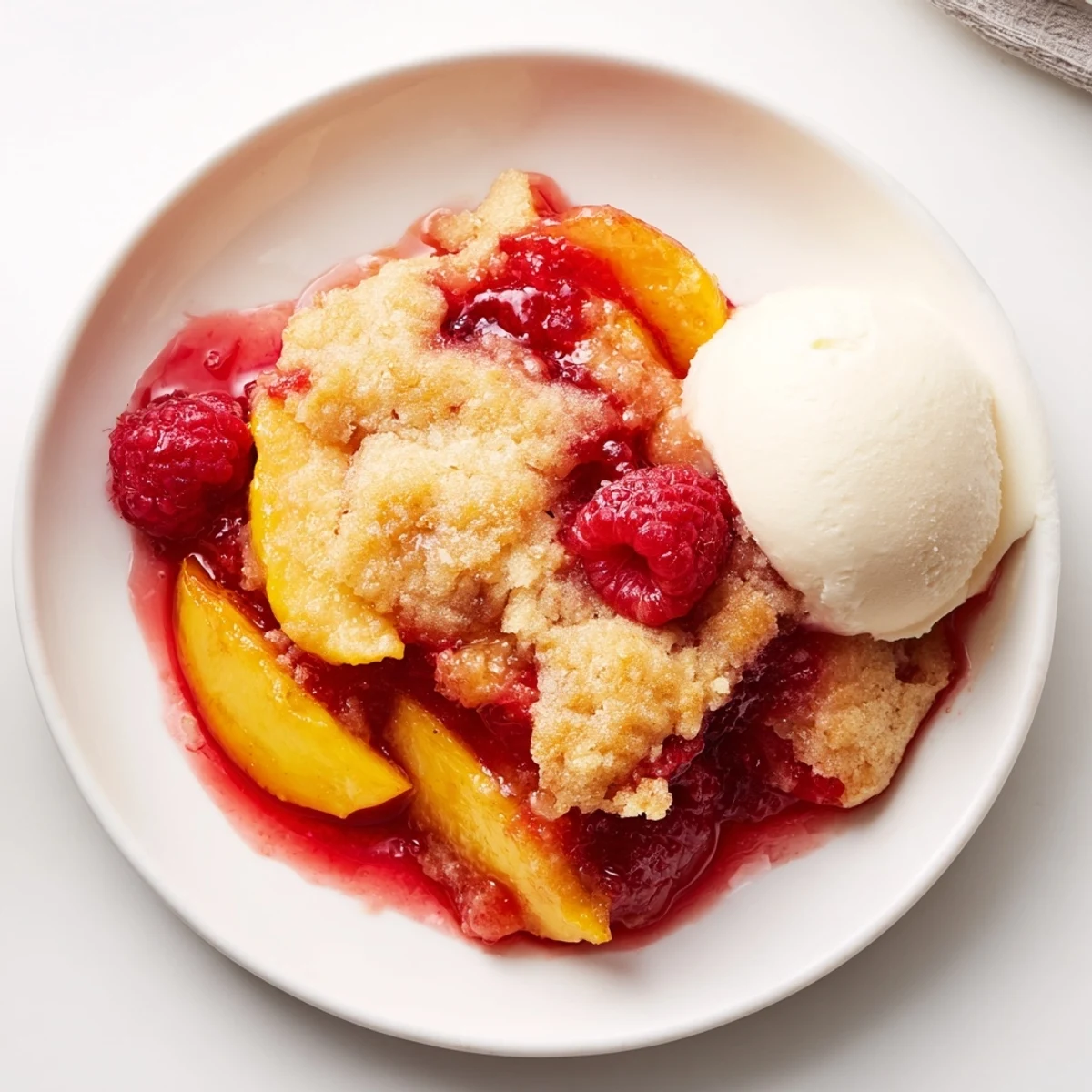 Warm Peach Raspberry Cobbler Recipe with bubbling fruit and golden biscuit topping