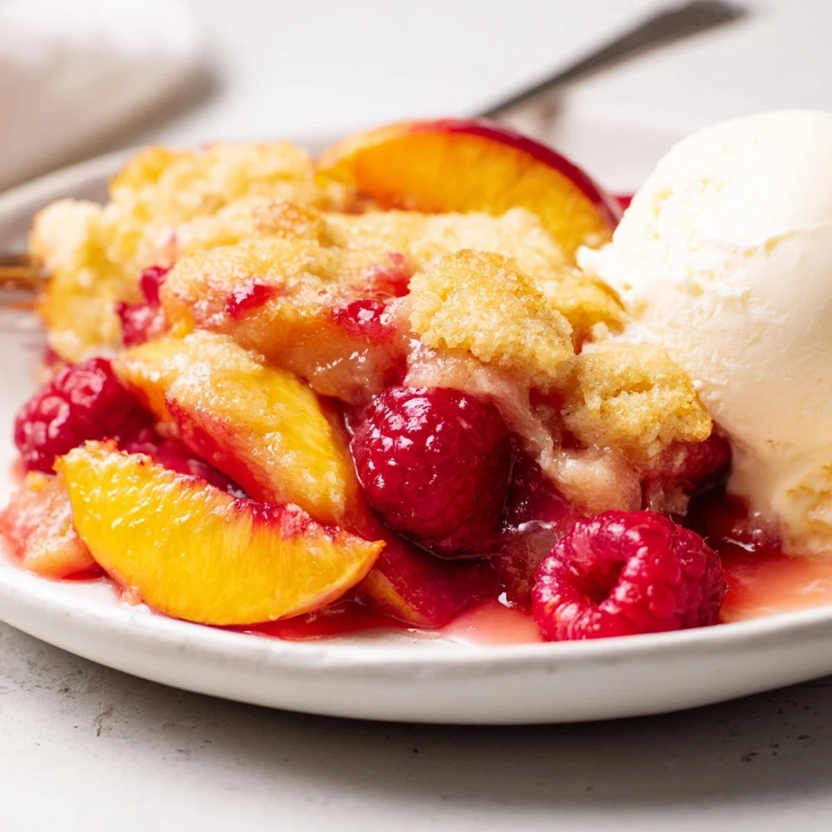 Homestyle Peach Raspberry Cobbler Recipe served warm with melting vanilla ice cream