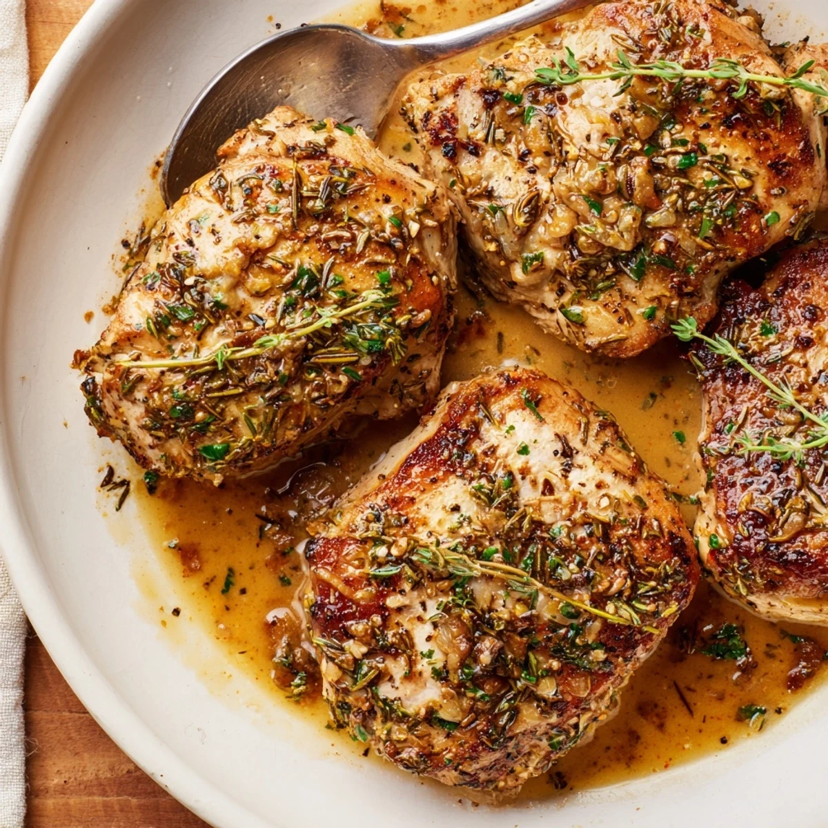 Hearty Tasty Turkey Chops resting on roasted vegetables, juices glistening