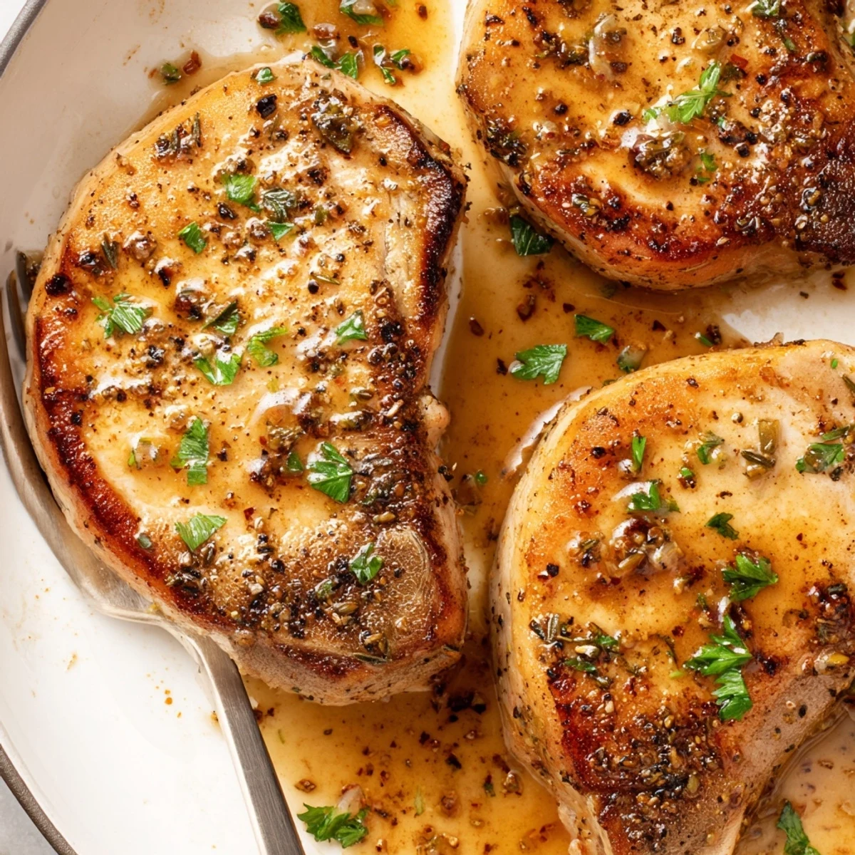Tasty Turkey Chops seared golden with lemony pan sauce, garnished with parsley