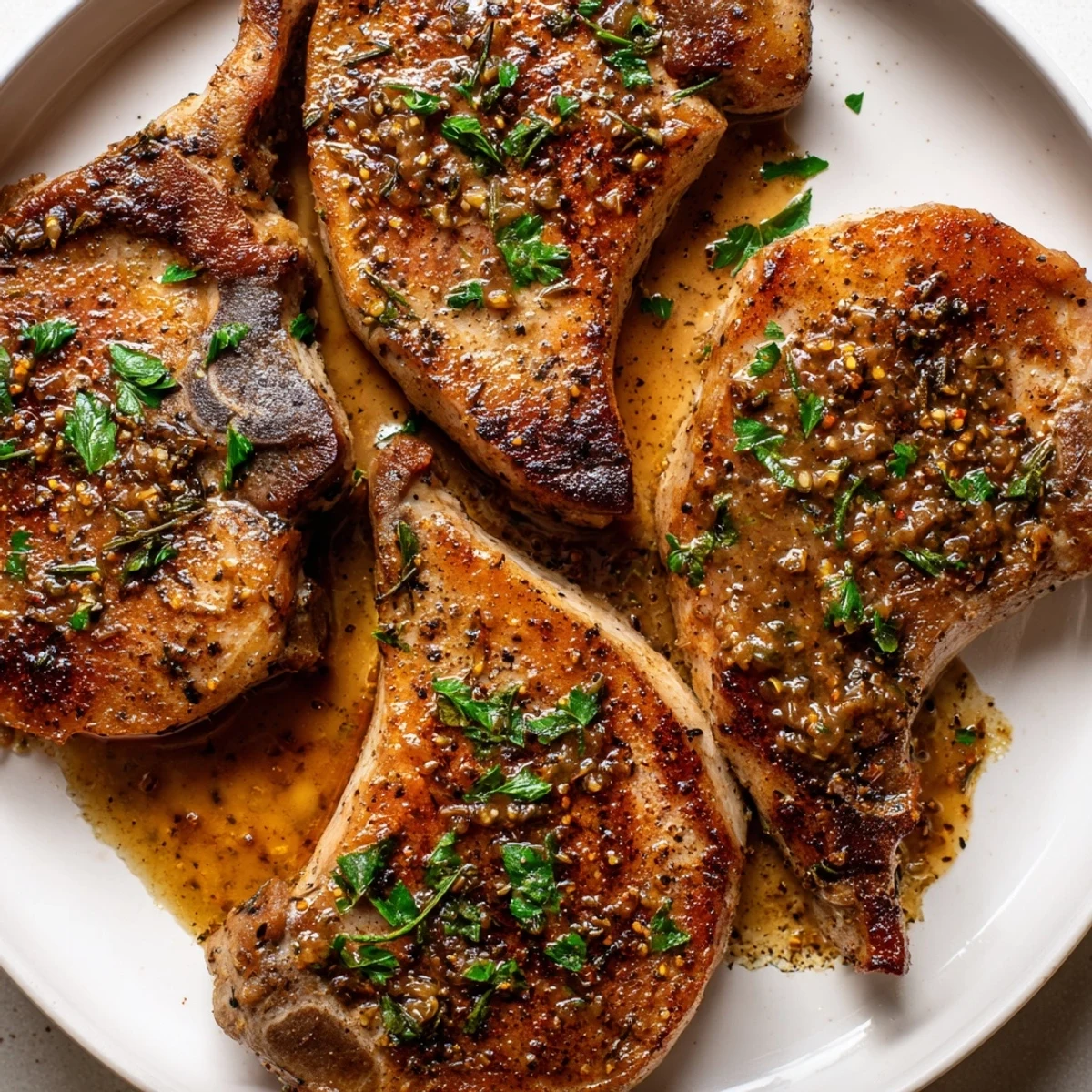 Sliced Tasty Turkey Chops showing moist interior, served with tangy mustard sauce