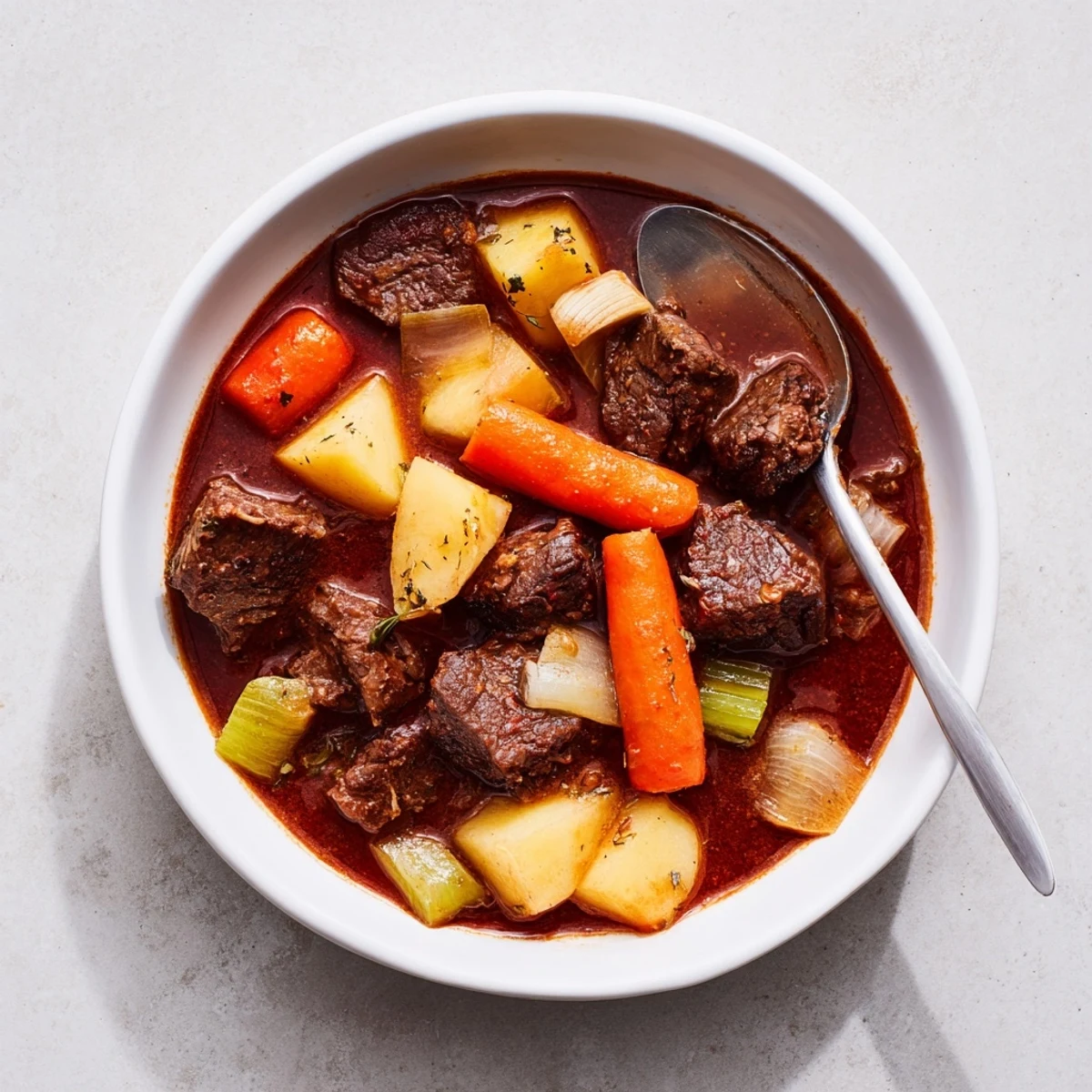 Golden bowl of Spezzatino Di Manzo Italian Beef Stew with tender beef cubes and vegetables in rich red wine sauce