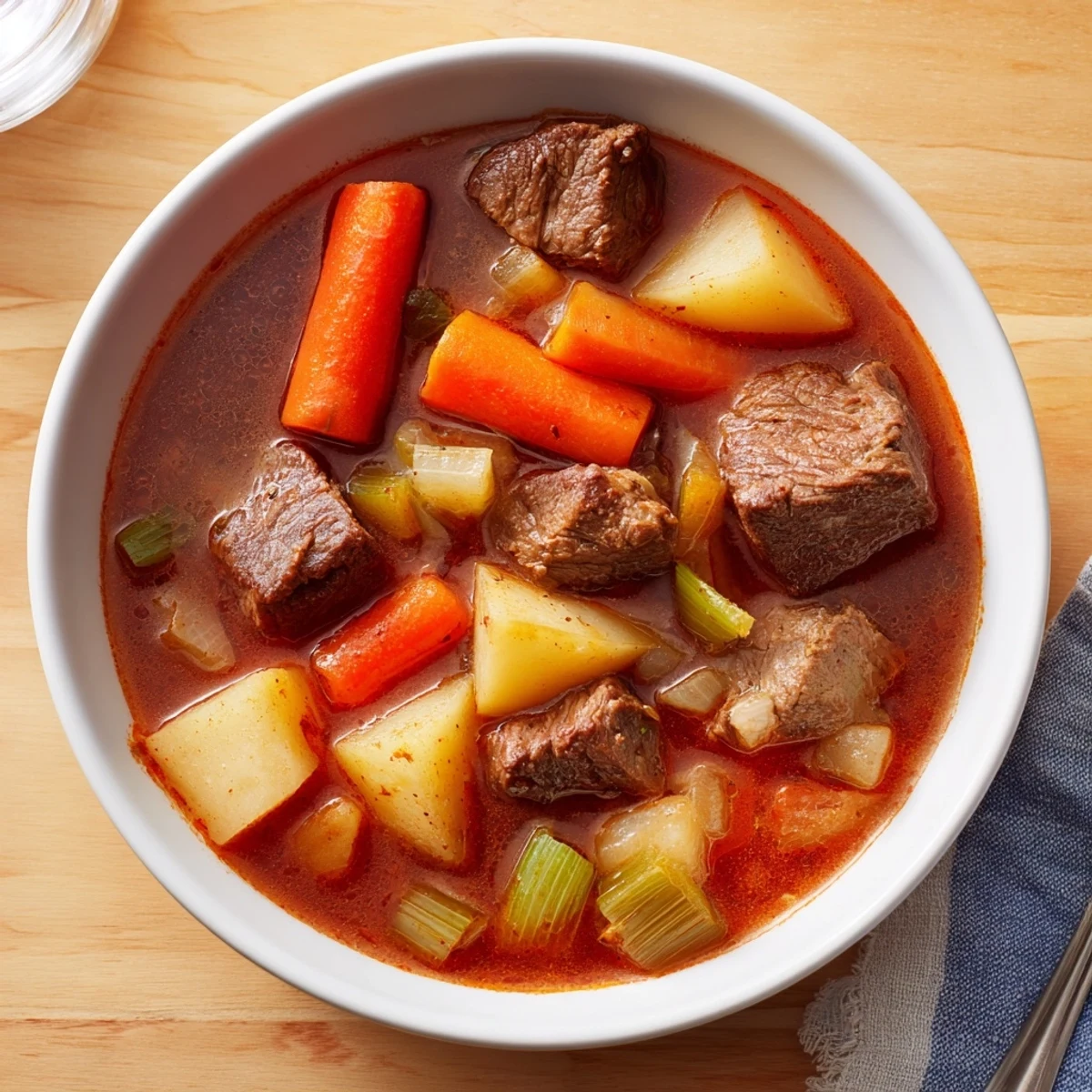 Steaming Spezzatino Di Manzo Italian Beef Stew served in rustic white bowl garnished with rosemary sprig