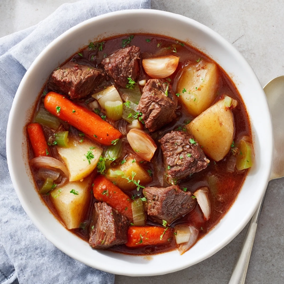 Hearty Spezzatino Di Manzo Italian Beef Stew simmered to perfection with potatoes carrots and aromatic fresh herbs