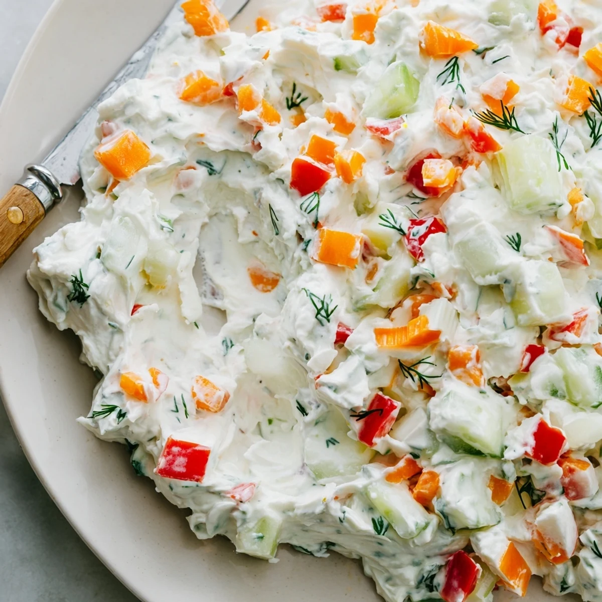 Thick garden vegetable spread showcasing chopped fresh vegetables blended into smooth cream cheese for dipping