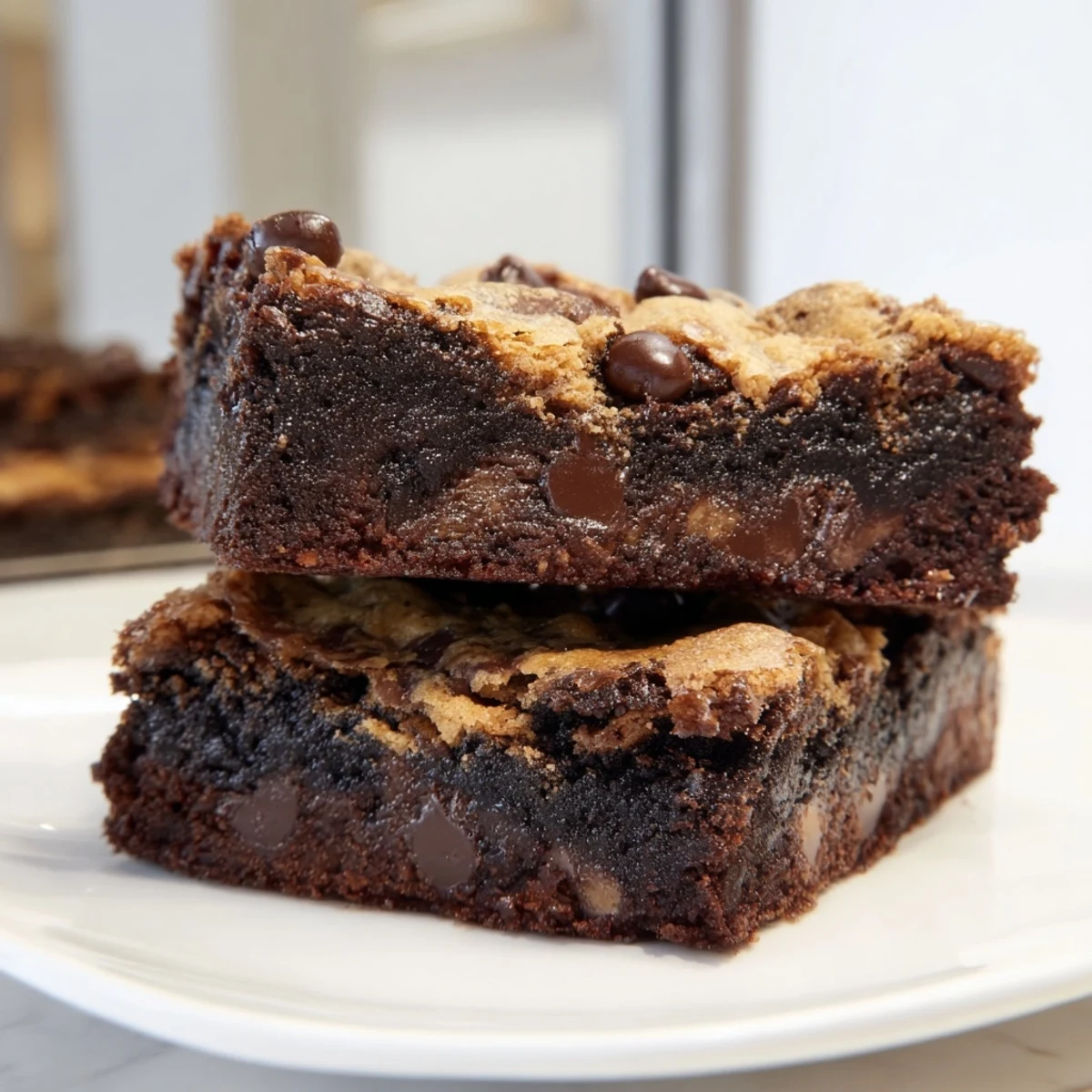 Decadent fudgy brookies sliced into squares revealing two distinct chocolate layers