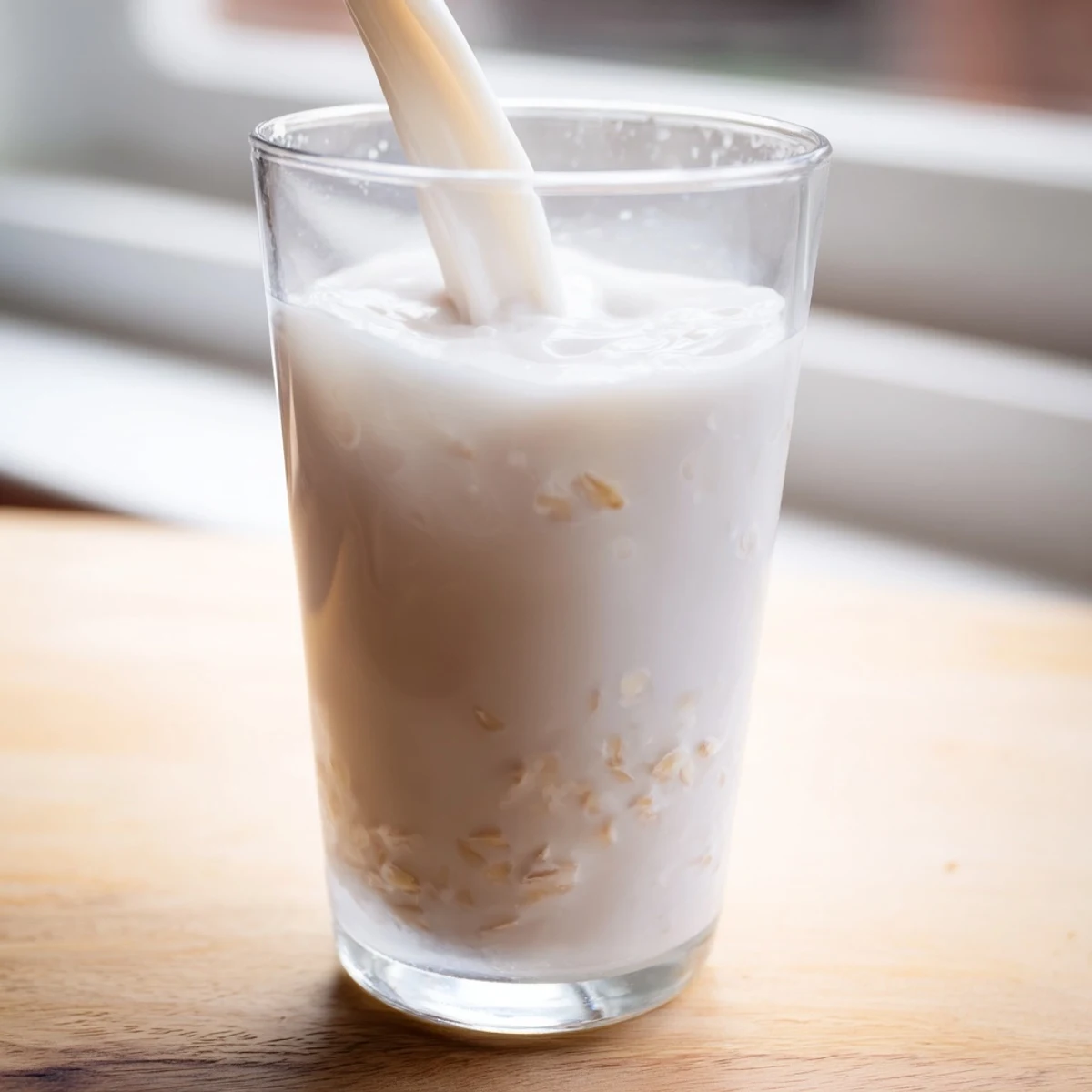 Glass jar filled with homemade almond milk alongside raw almonds on wooden surface