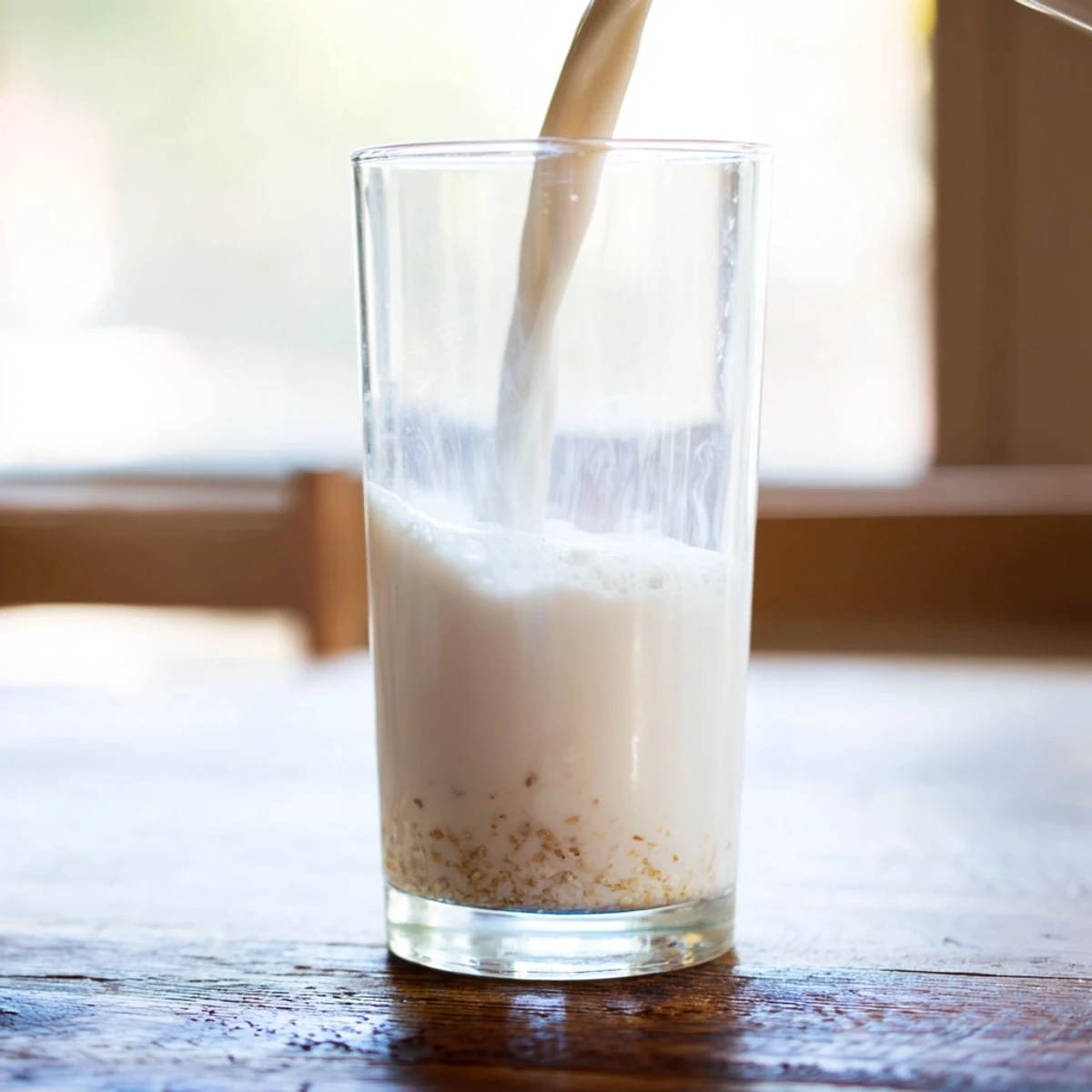 Fresh homemade almond milk in mason jar with vanilla pod and honey drizzle