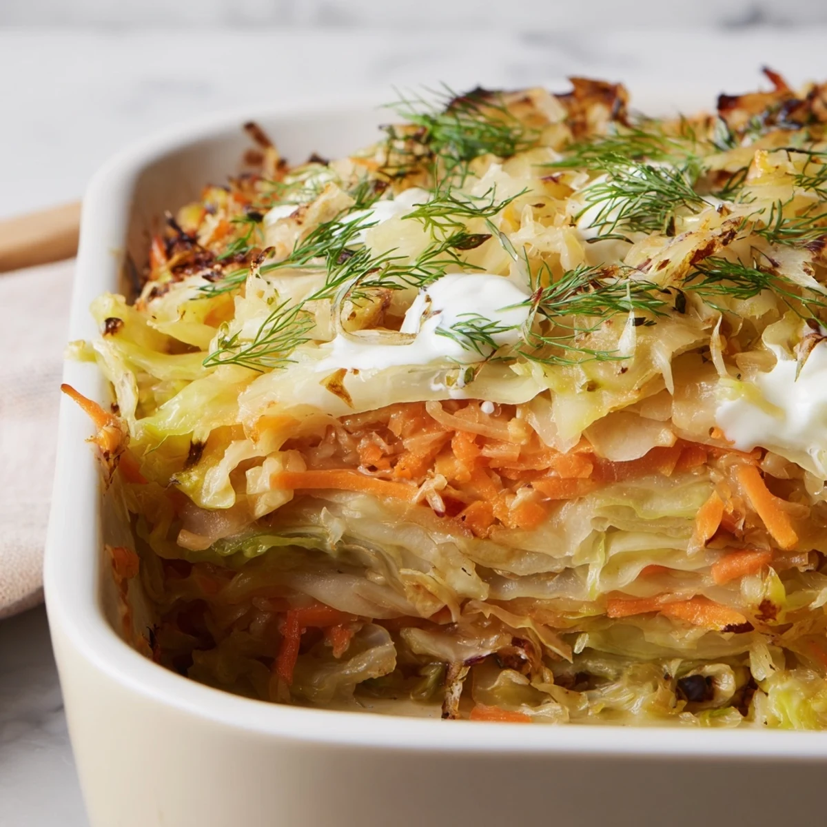 Golden brown slow roasted cabbage and sauerkraut casserole topped with fresh green dill garnish