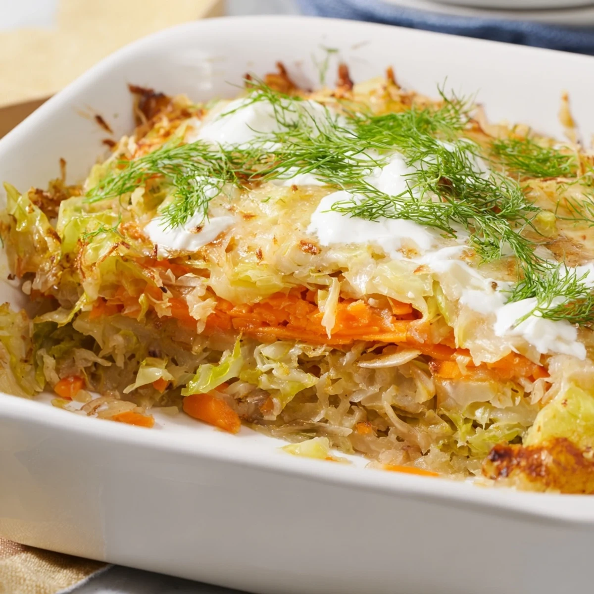 Hearty German cabbage casserole with layers of tender roasted vegetables and tangy sauerkraut