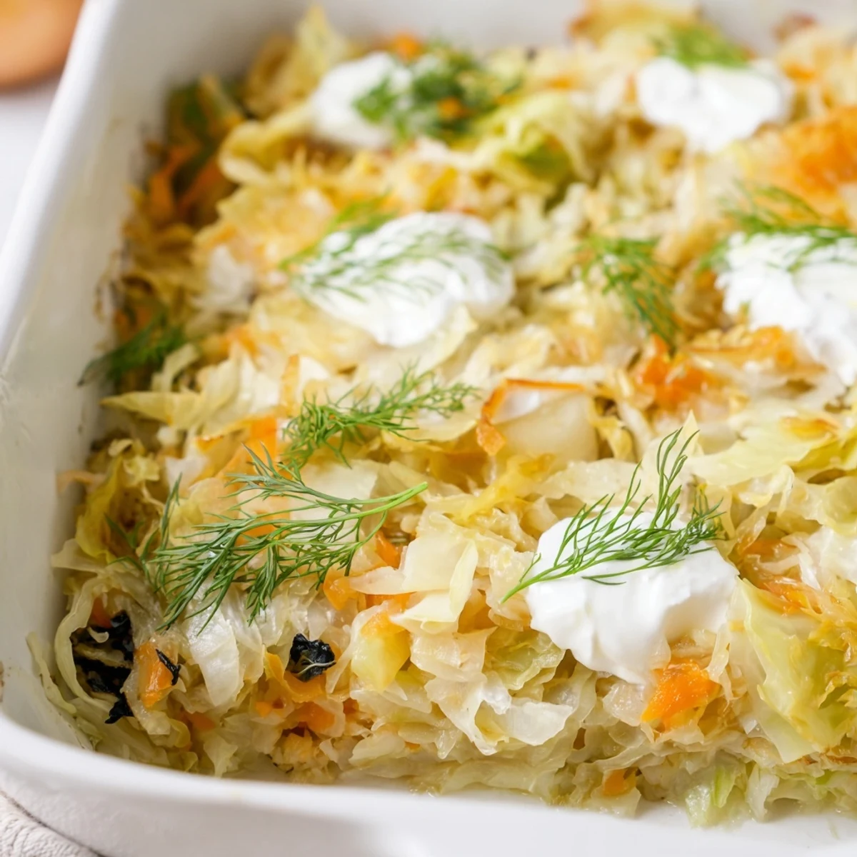 Comforting slow roasted cabbage and sauerkraut casserole served bubbling hot in a baking dish