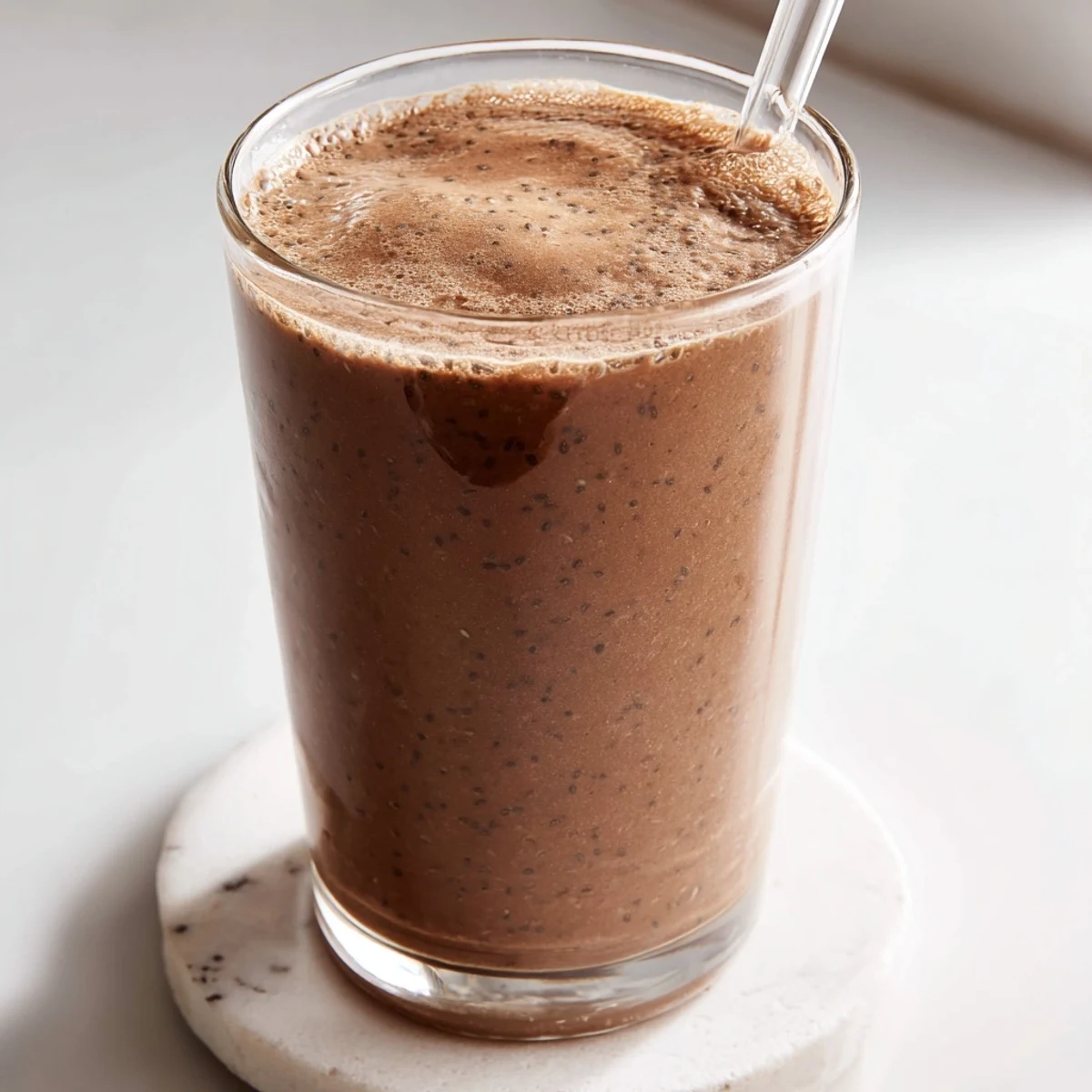 Glass of thick raw chocolate banana shake topped with cacao nibs and coconut flakes