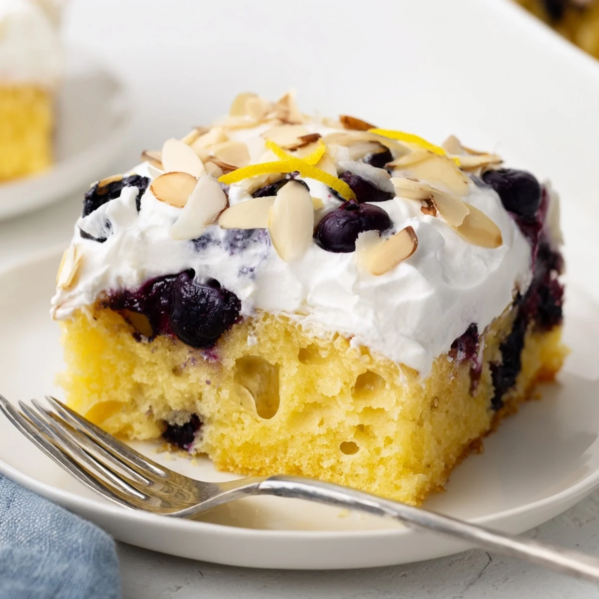 Golden lemon blueberry poke cake topped with fluffy whipped cream and toasted sliced almonds