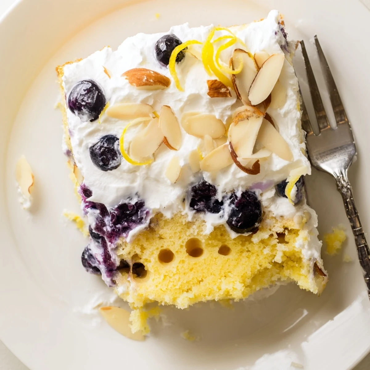 Moist lemon cake soaked with tangy syrup and scattered with juicy blueberries under almond crunch