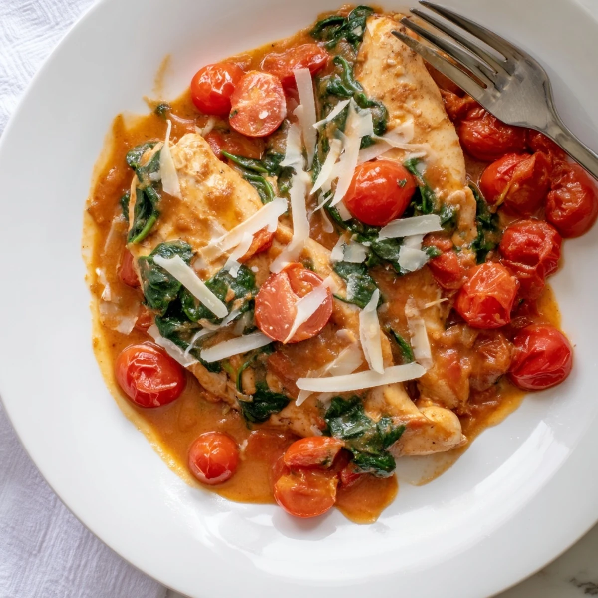 Golden seared chicken breasts nestled in a vibrant tomato spinach sauce with melted Parmesan
