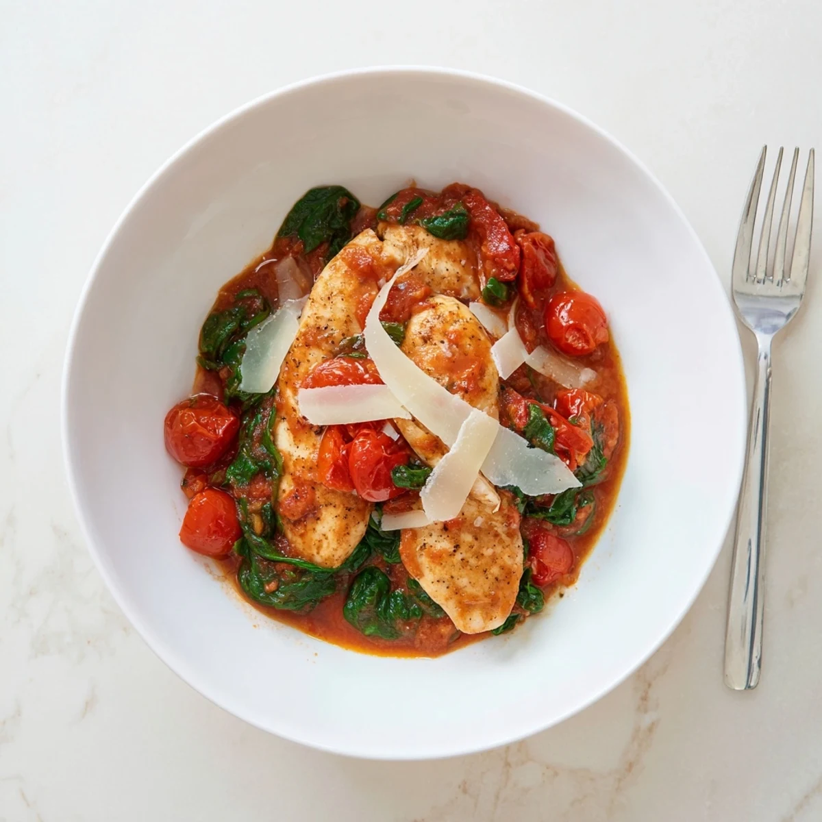 Tender chicken simmered with juicy cherry tomatoes and wilted fresh spinach in a skillet