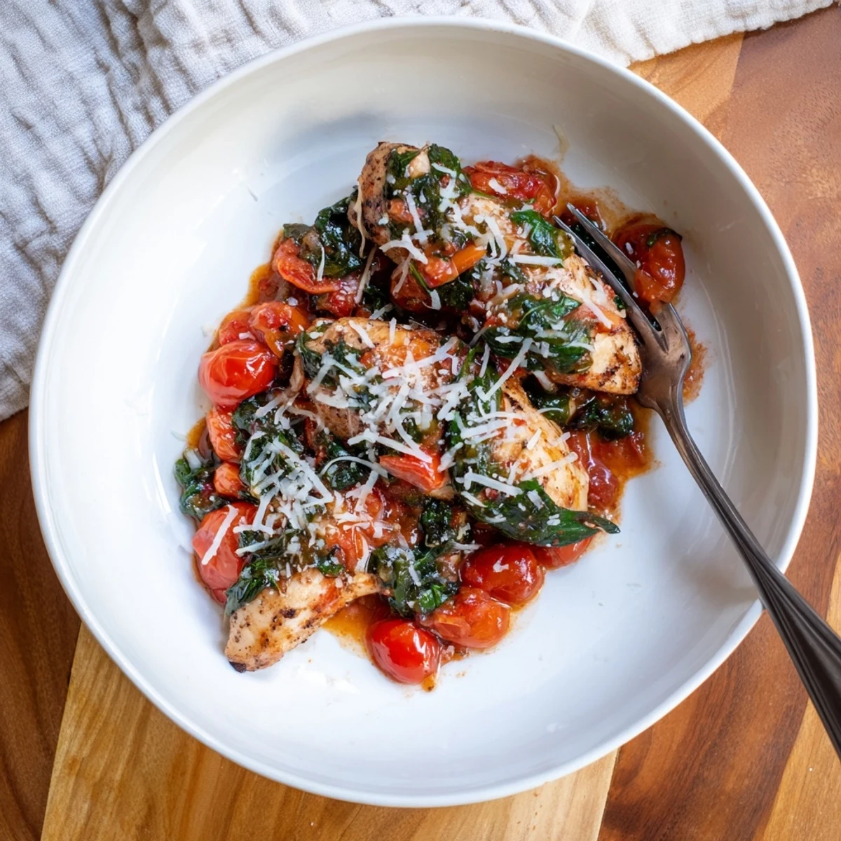 Weeknight tomato spinach chicken served steaming hot over rice with fresh herbs sprinkled on top
