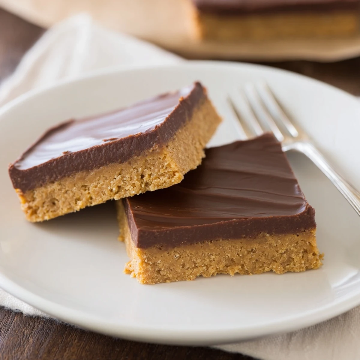 Rich peanut butter bars arranged on serving plate with smooth chocolate ganache coating