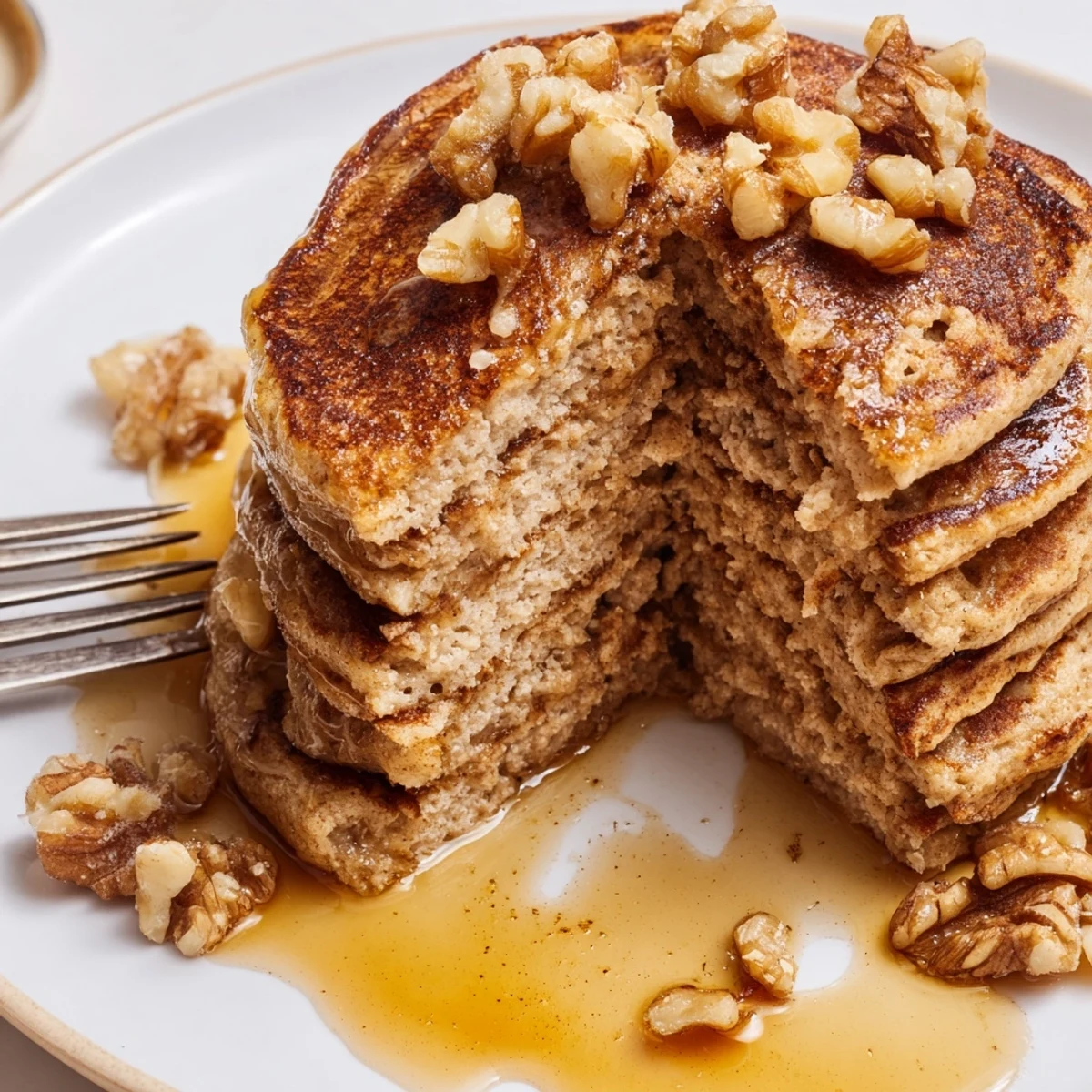 Golden brown protein banana pancakes stacked on a white plate topped with fresh blueberries and maple syrup