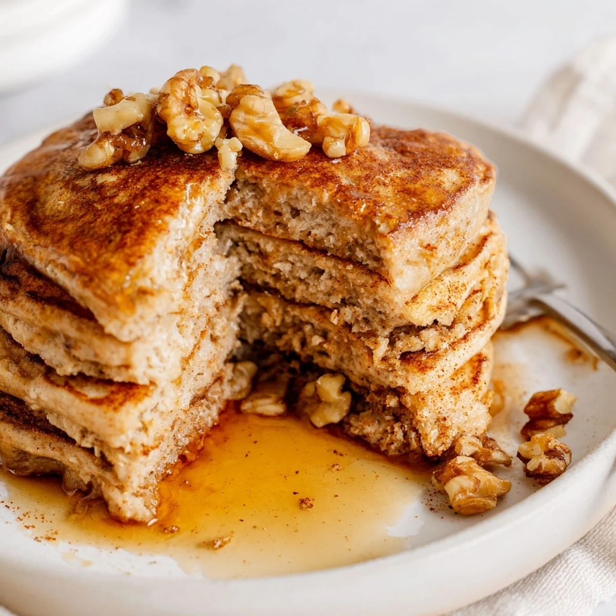 Fluffy protein banana pancakes cooking in a skillet with bubbles forming on the golden surface