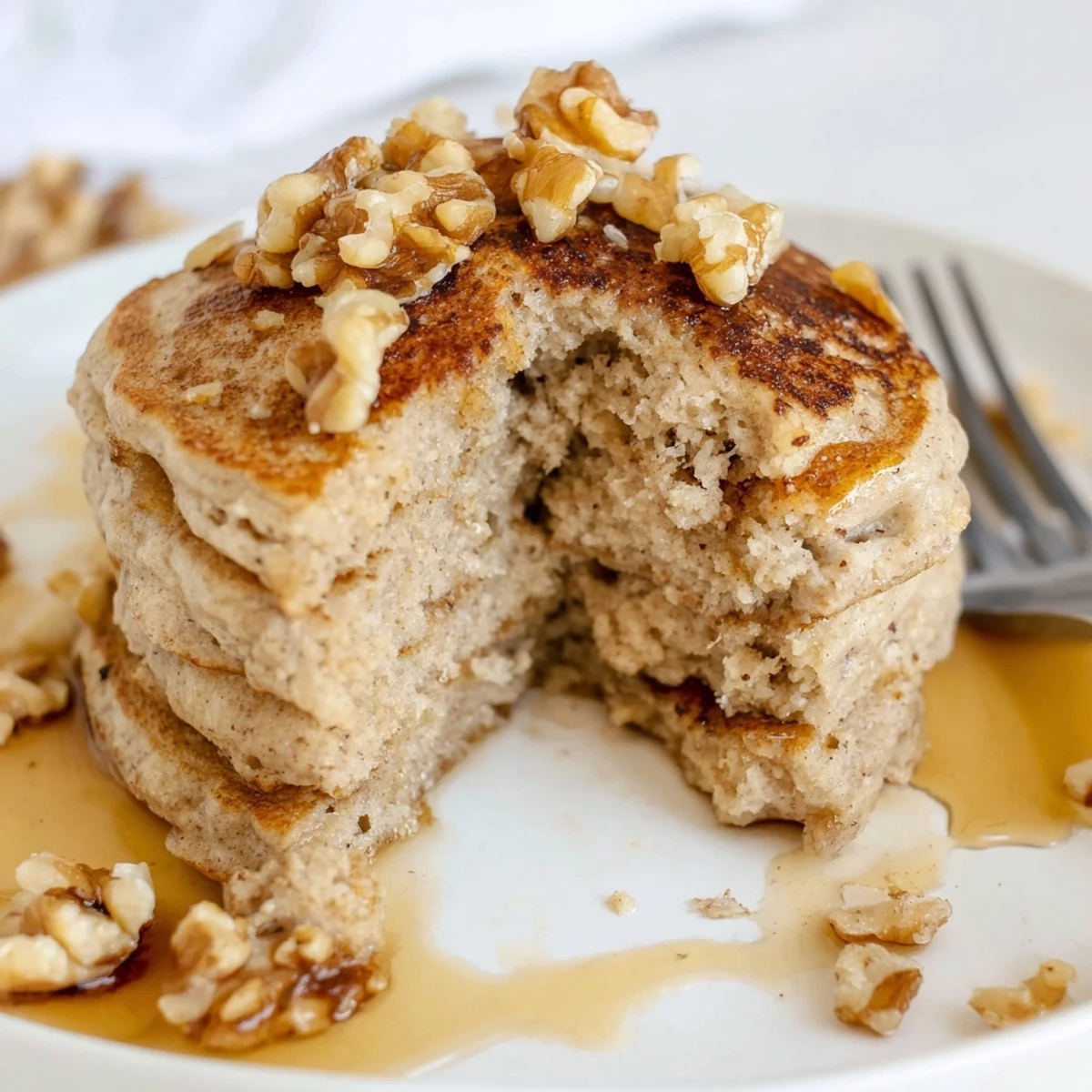 Stack of protein banana pancakes dusted with cinnamon and served with sliced bananas and walnuts