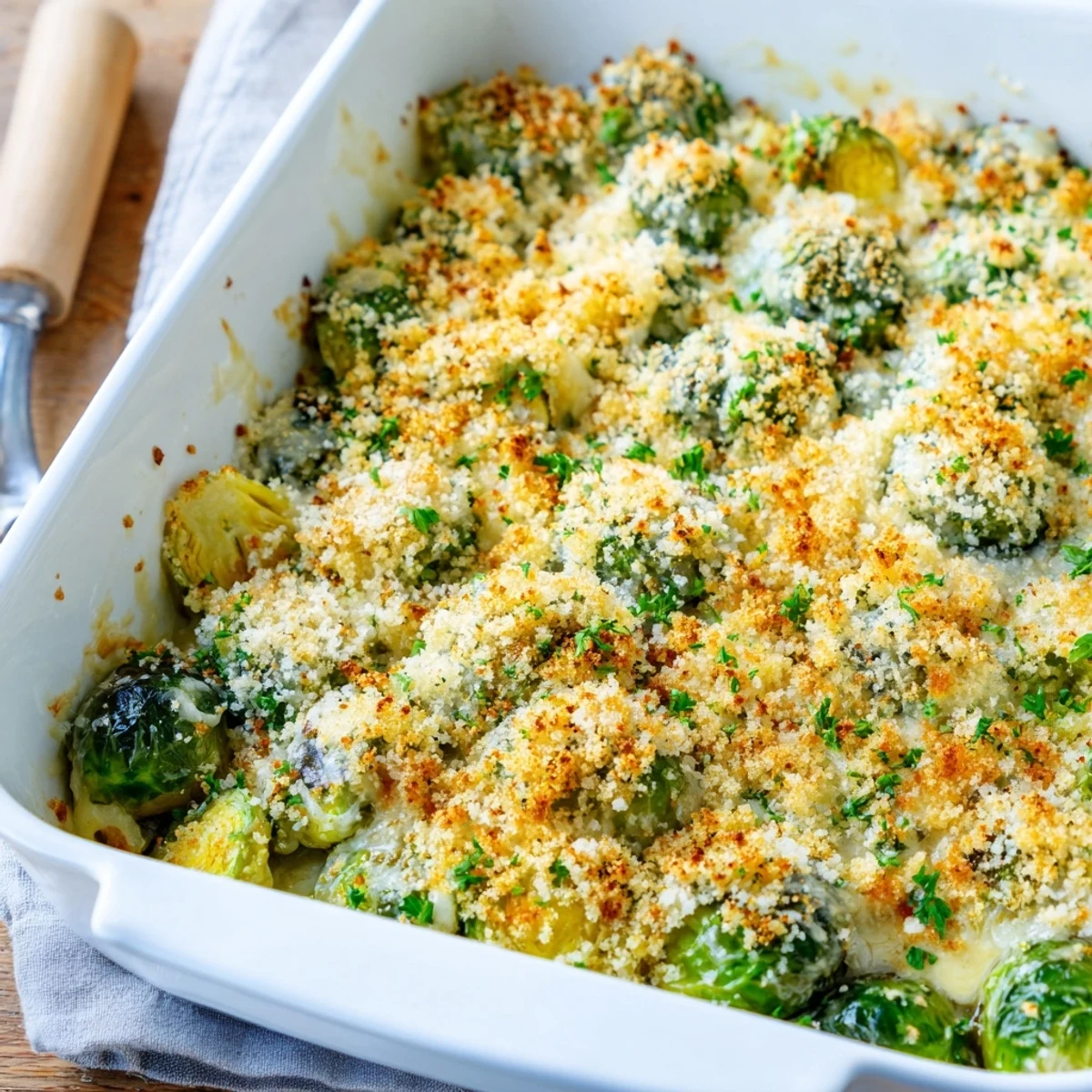 Golden bubbly Parmesan Brussels sprouts casserole with crispy breadcrumb topping and fresh parsley garnish