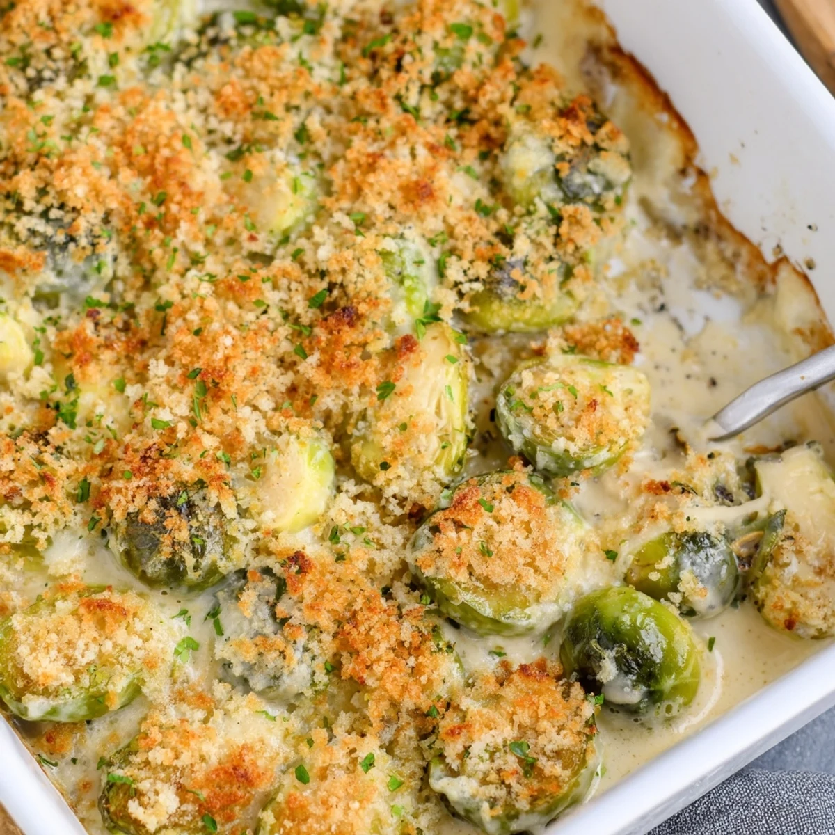 Creamy cheesy Brussels sprouts casserole baked in a white dish with melted mozzarella and parmesan