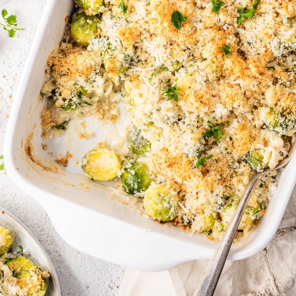 Tender halved Brussels sprouts swimming in rich parmesan cream sauce under a golden panko crust