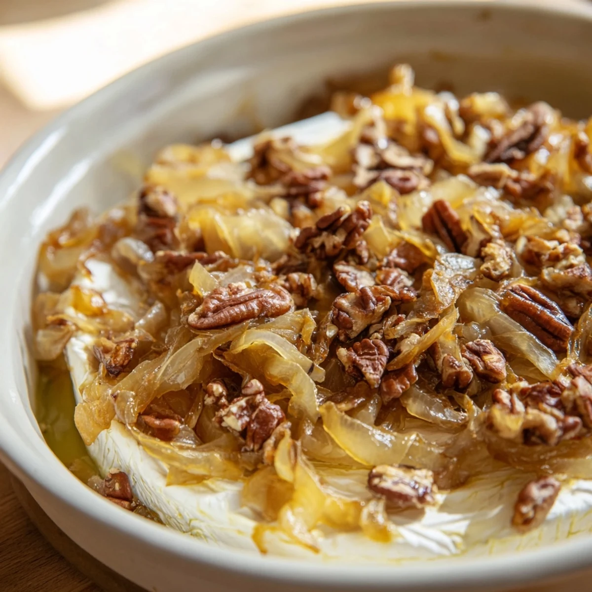 Golden wheel of baked brie with caramelized onions and toasted pecans served on rustic wooden board