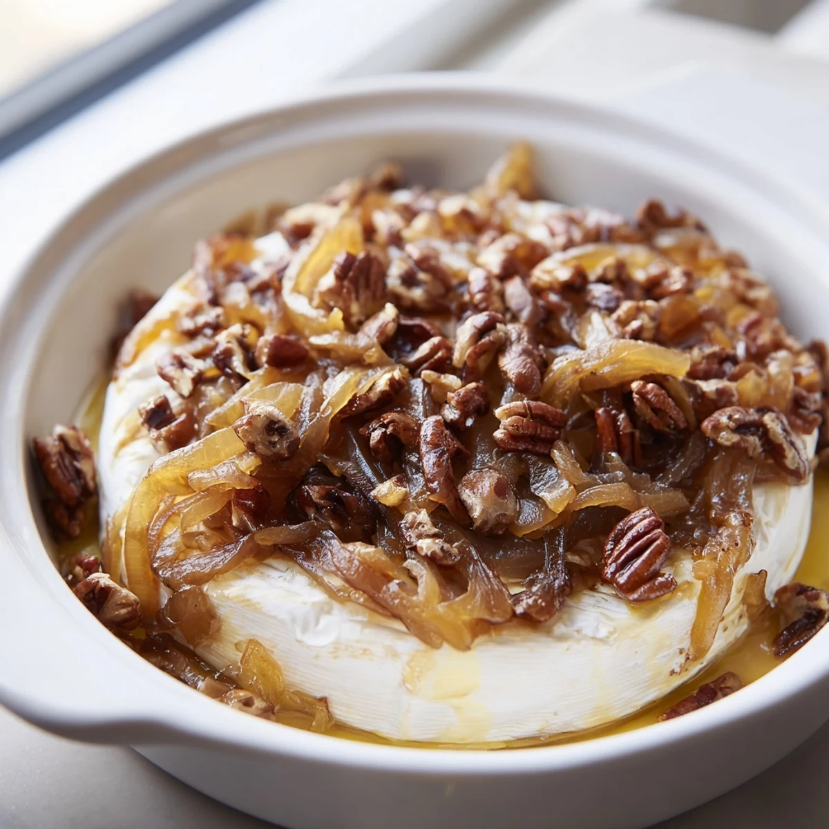 Creamy baked brie topped with sweet onions and crunchy pecans, garnished with fresh thyme sprigs