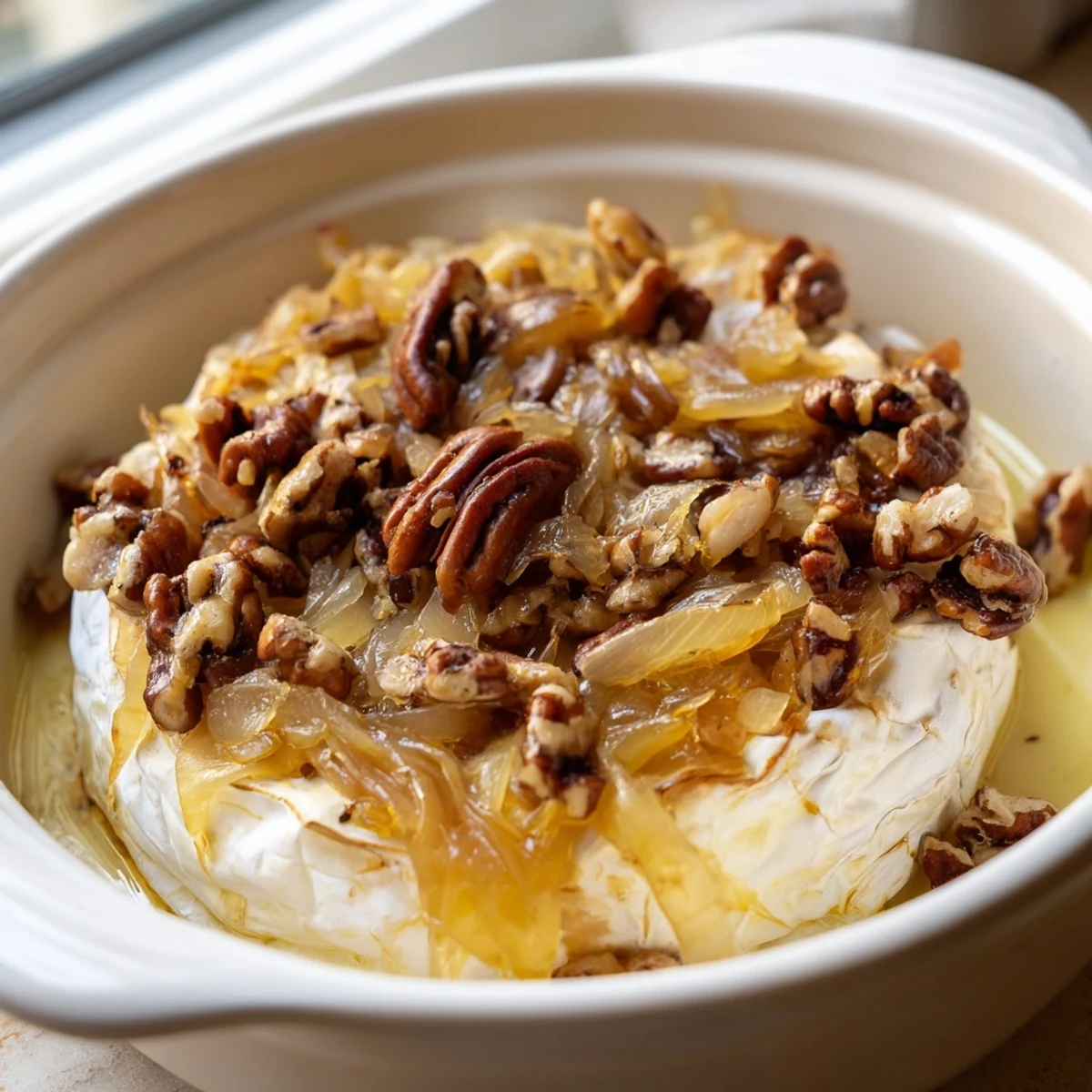 Warm, gooey baked brie wheel overflowing with caramelized onions and pecans, ready for dipping crackers