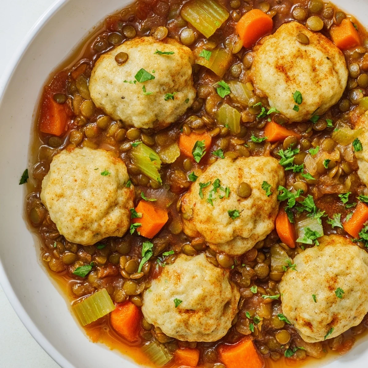 Comforting lentils with dumplings featuring tender carrots and celery in a rich broth