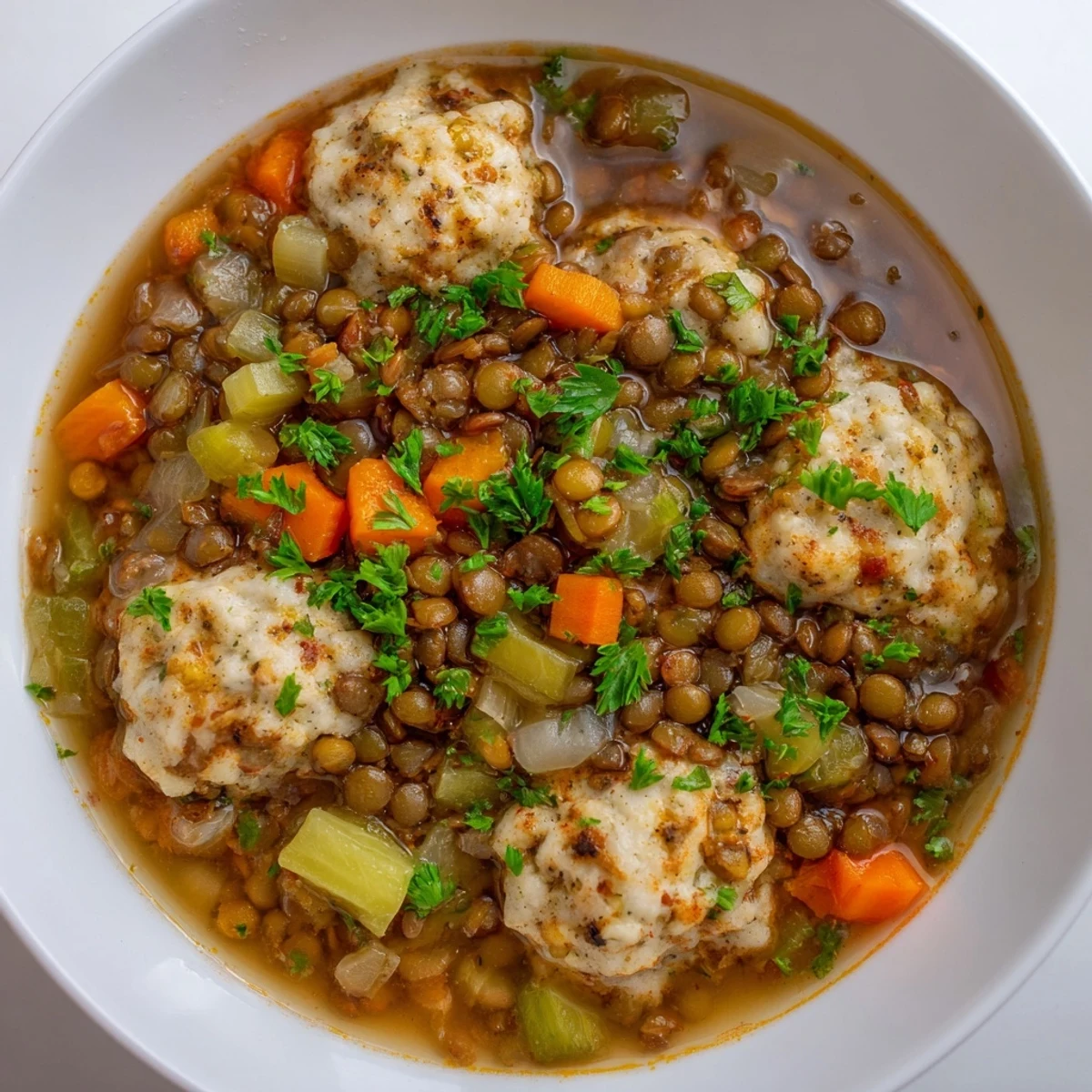 Golden fluffy dumplings steaming atop a hearty bowl of savory lentils with vegetables