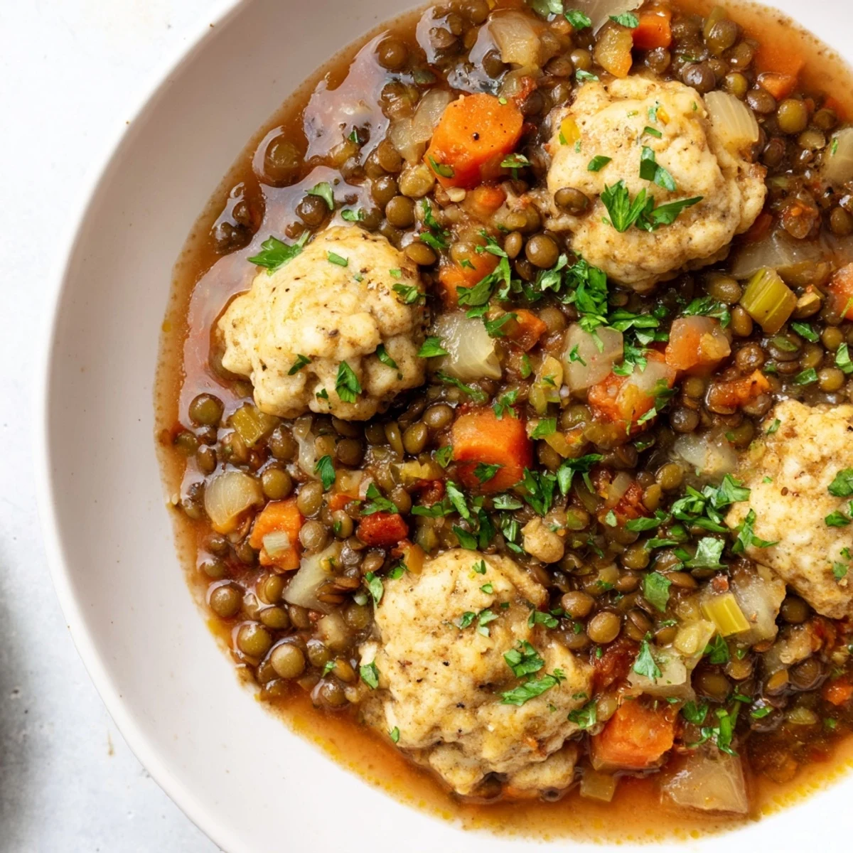 Fluffy steamed dumplings resting on a bed of simmered brown lentils and aromatic vegetables
