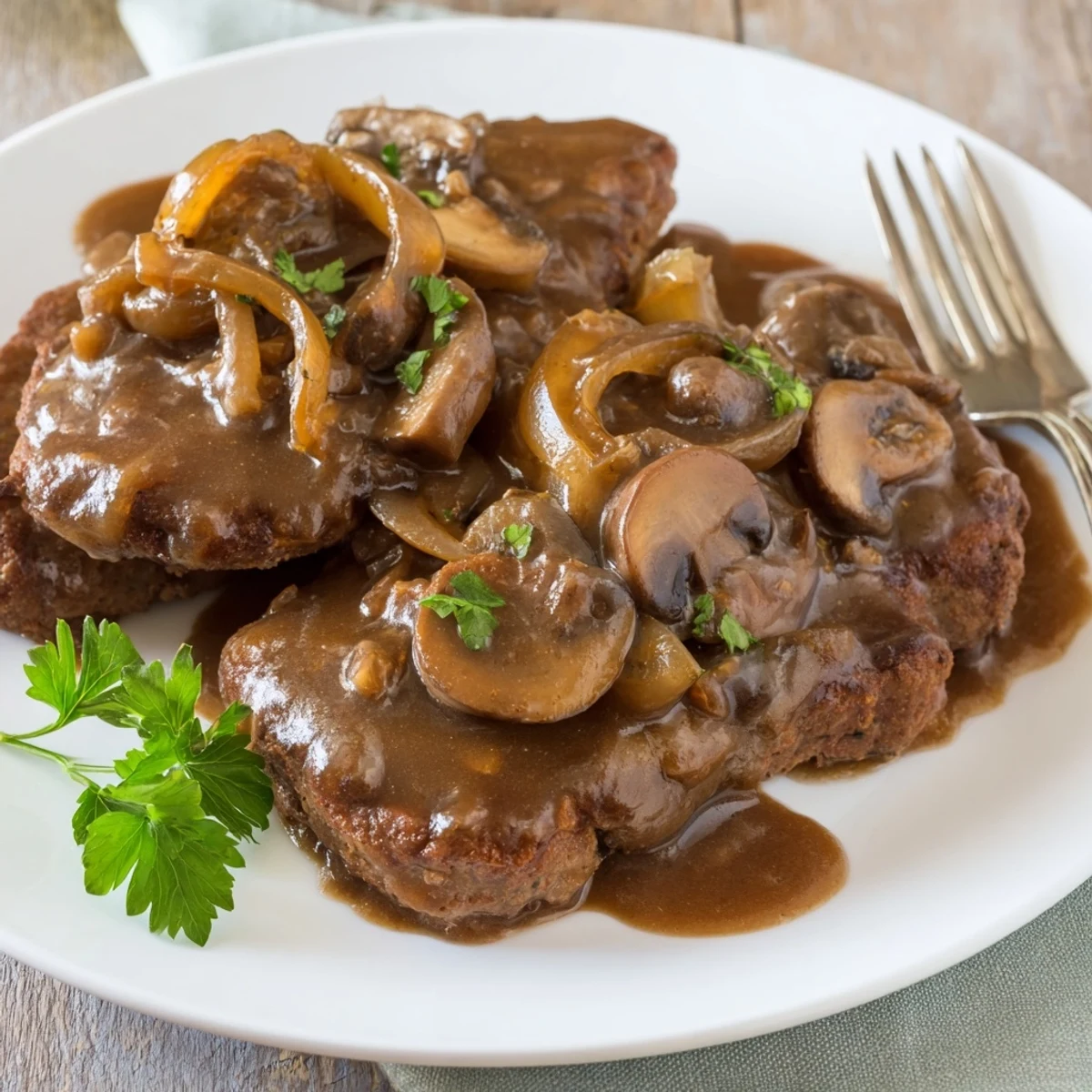 Golden brown cube steaks nestled in a rich mushroom and onion gravy with fresh parsley garnish