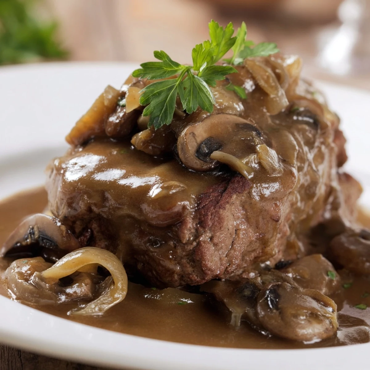 Classic country style smothered cube steak plated with thick onion mushroom gravy over tender beef
