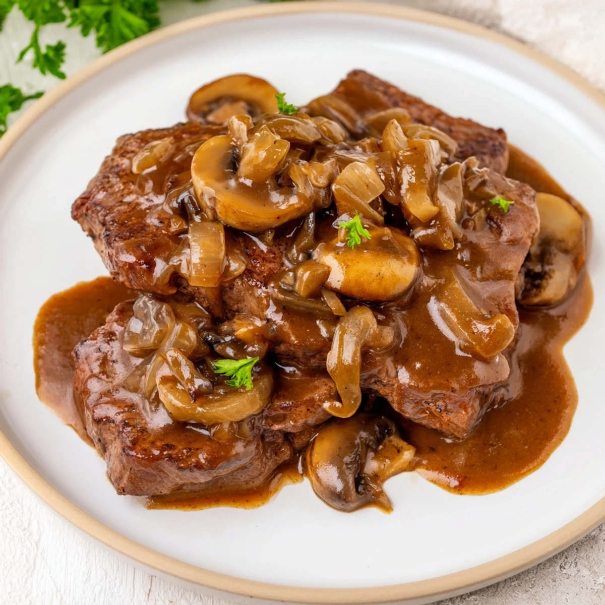 Tender smothered cube steak simmering in savory beef gravy with sliced mushrooms and caramelized onions