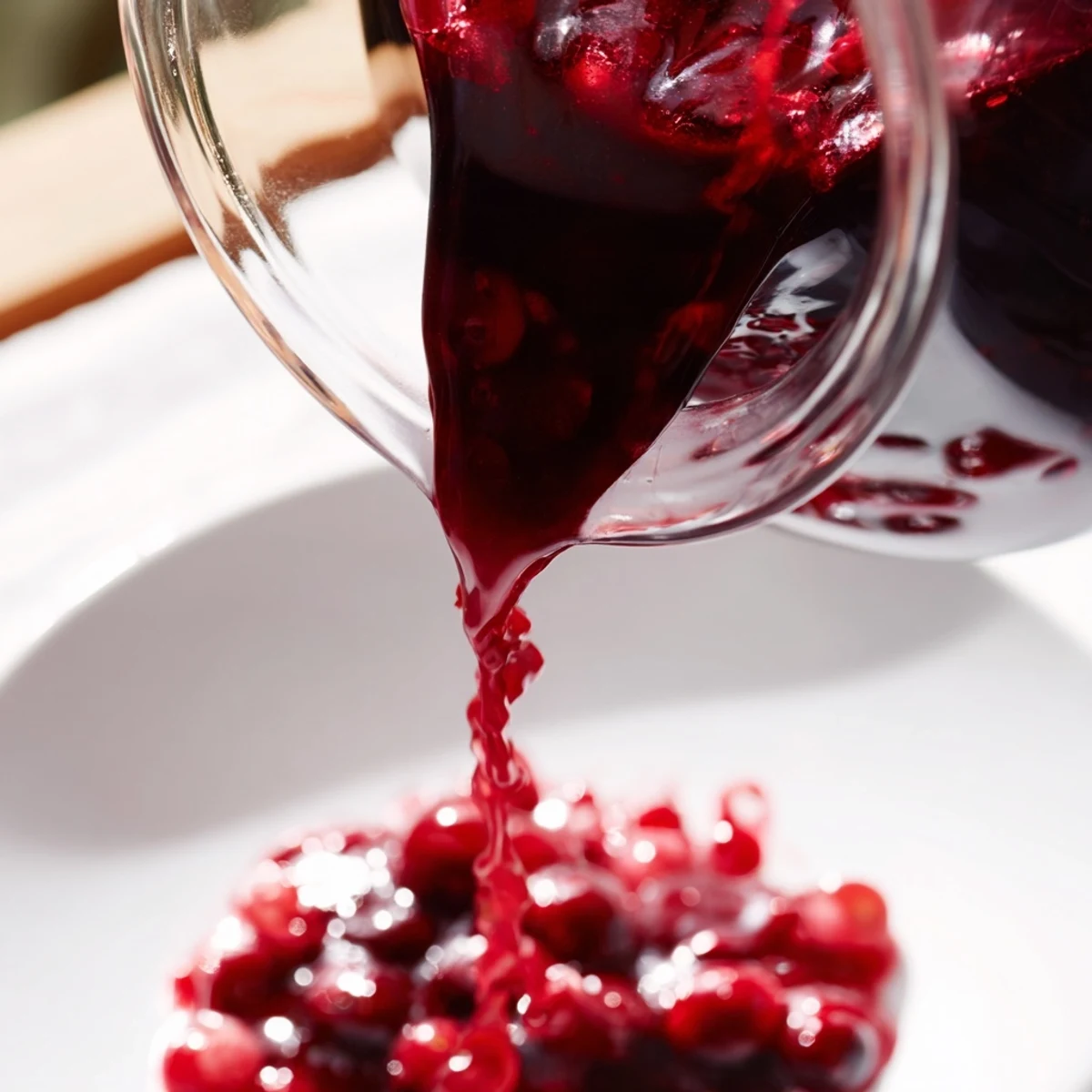 Glossy red cranberry syrup drizzled over fluffy pancakes, capturing the vibrant ruby color