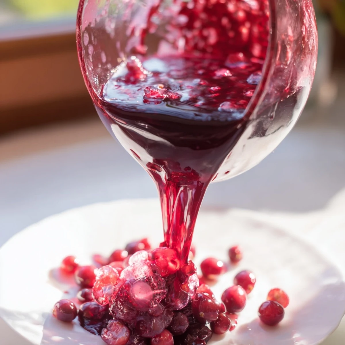 Homemade cranberry syrup simmered in saucepan with burst berries for holiday breakfast
