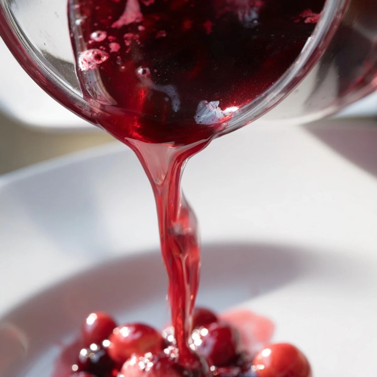 Thick tangy cranberry syrup in glass jar, garnished with fresh berries for cocktails