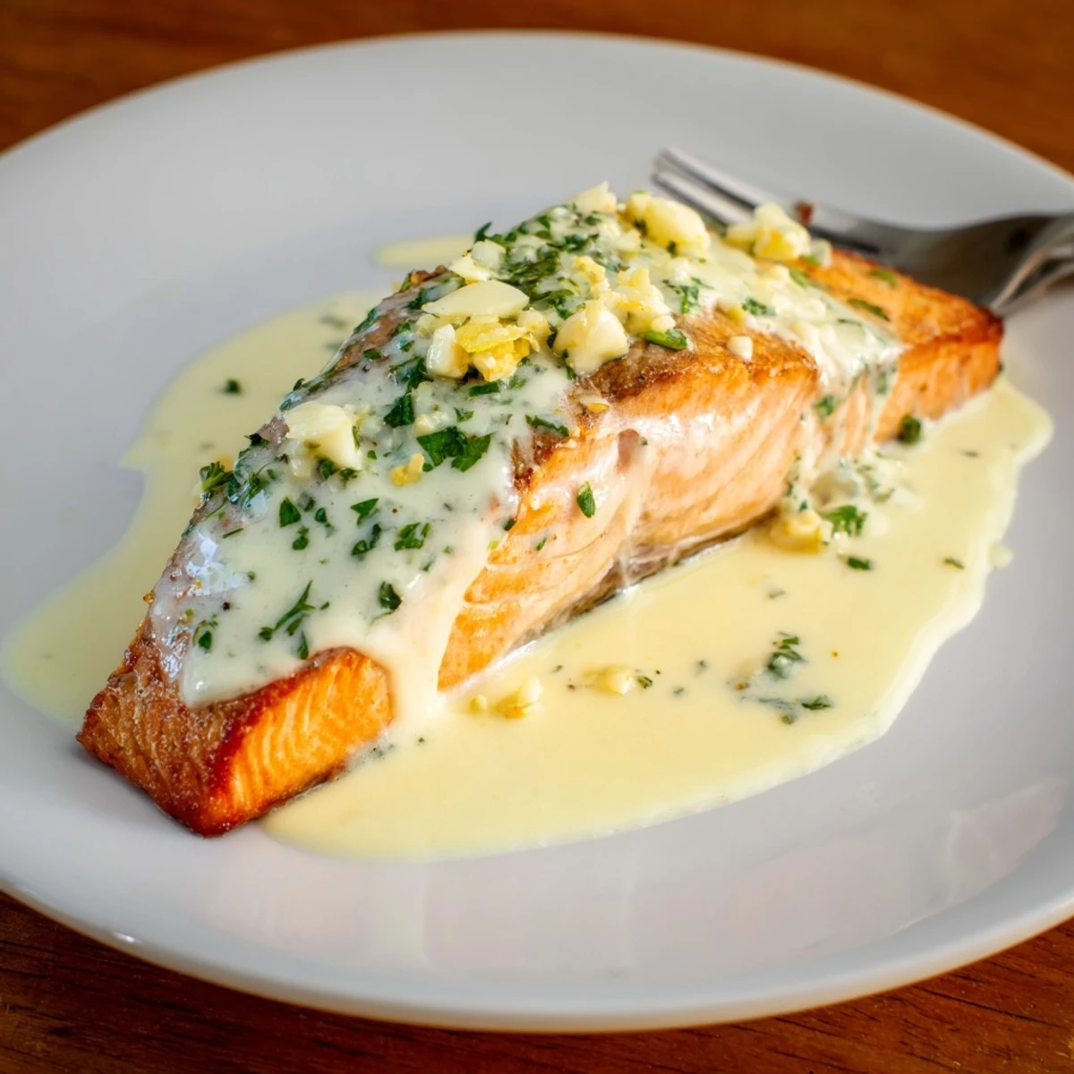 Succulent salmon with lemon cream sauce garnished with fresh parsley and lemon zest