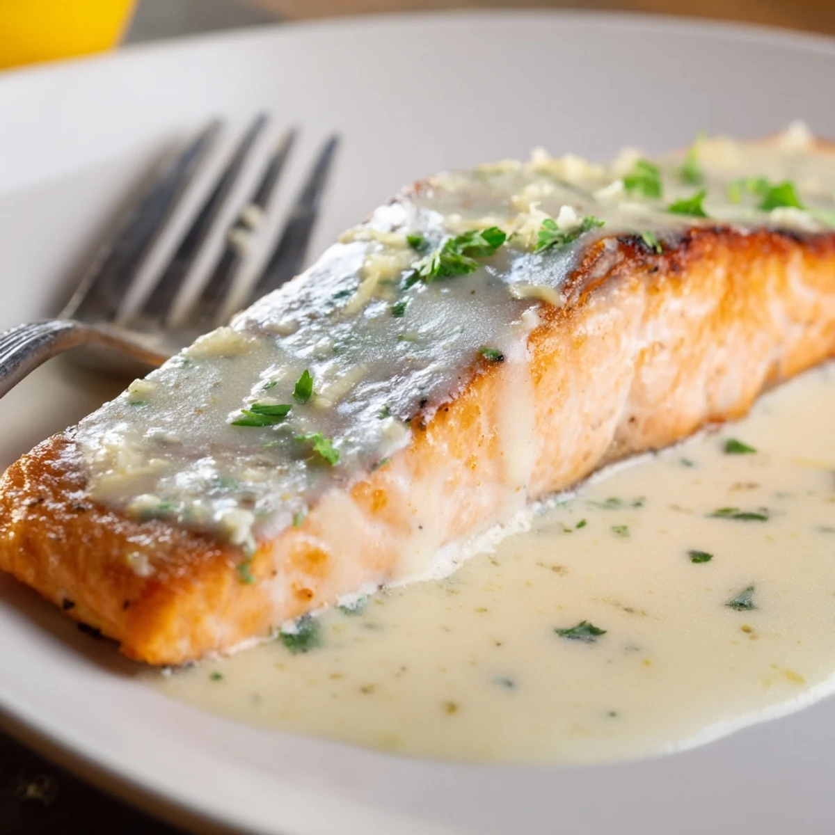 Golden pan-seared salmon fillets drizzled with creamy lemon garlic sauce over white plate
