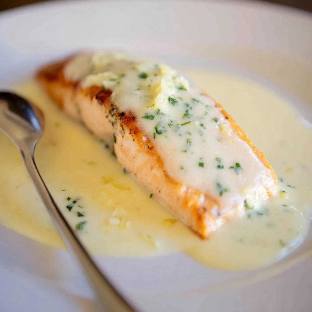 Perfectly cooked salmon fillets smothered in tangy lemon cream sauce with chopped herbs