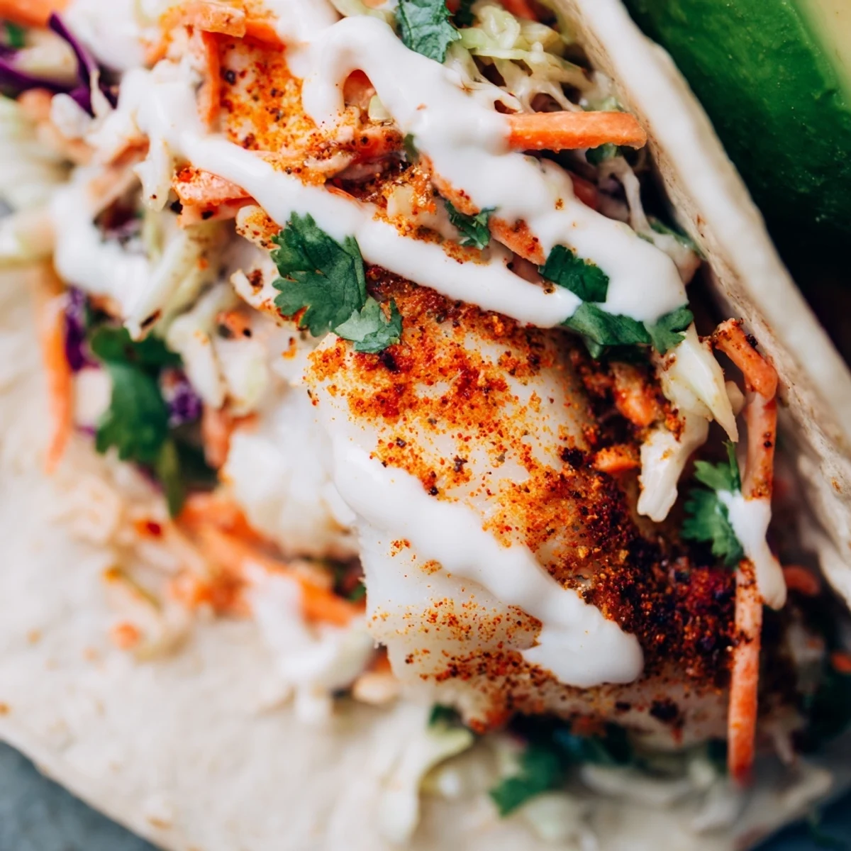 Golden baked cod fish tacos topped with crunchy purple cabbage slaw and creamy lime drizzle
