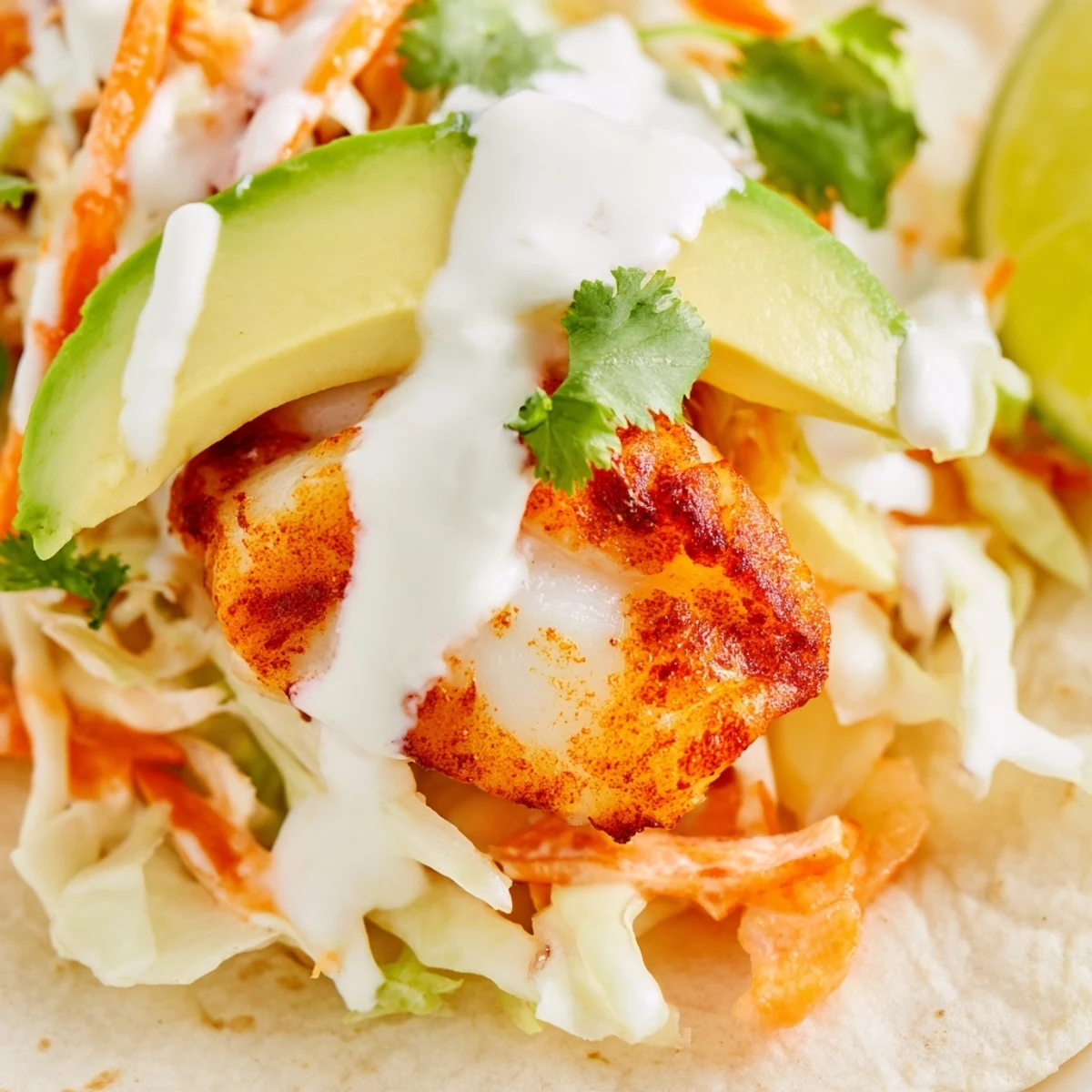 Flaky oven baked cod fish tacos nestled in warm tortillas with fresh cilantro and zesty crema