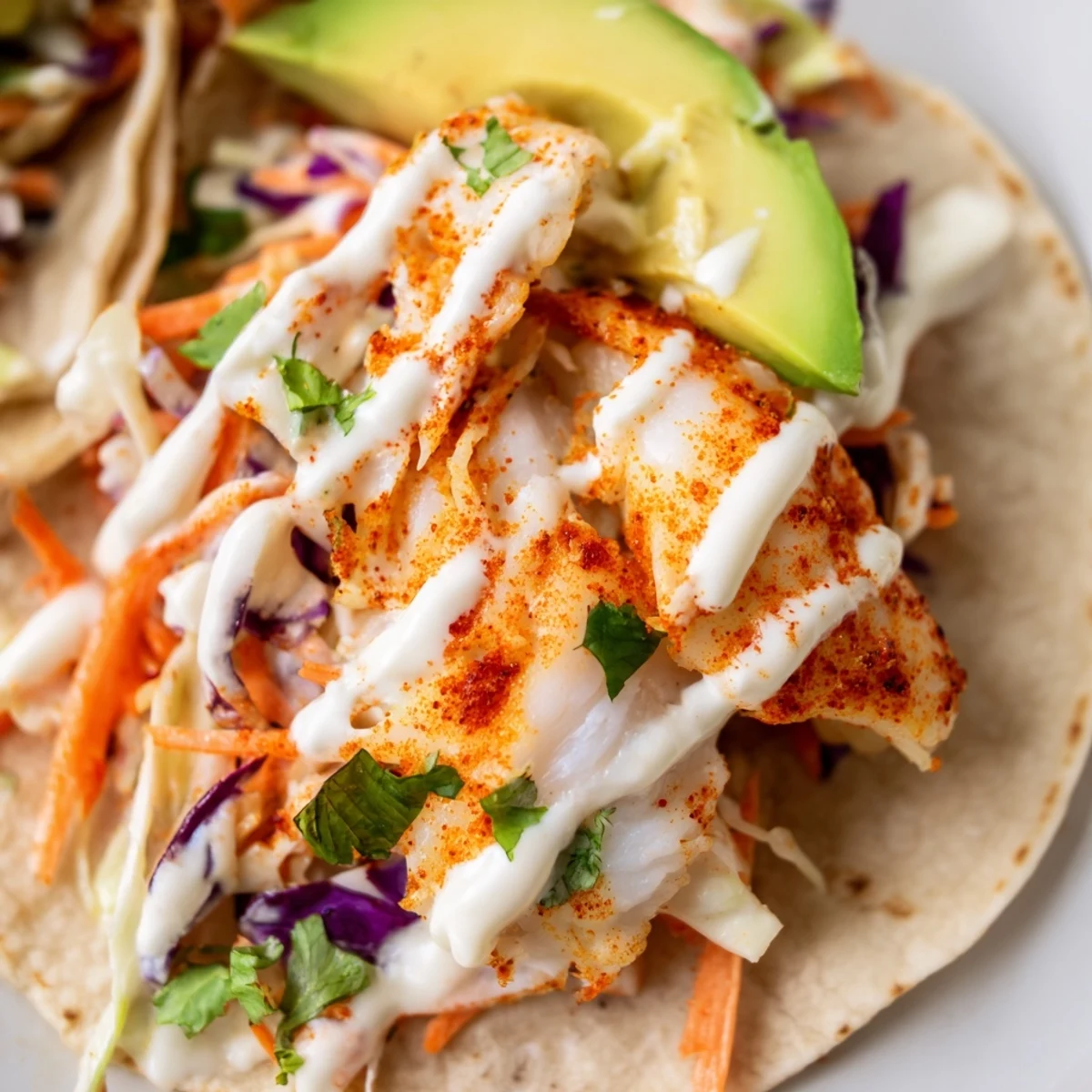 Light and healthy baked cod fish tacos piled high with colorful slaw and tangy lime sauce