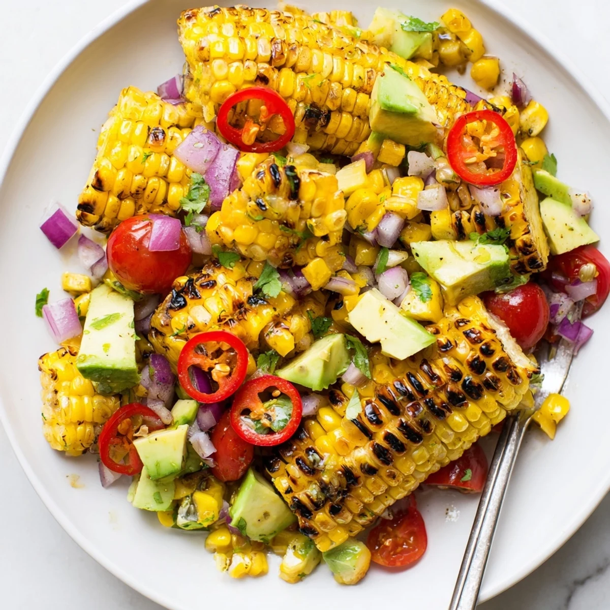 Tropical Charred Corn And Avocado Salad piled with smoky kernels, juicy pineapple, lime