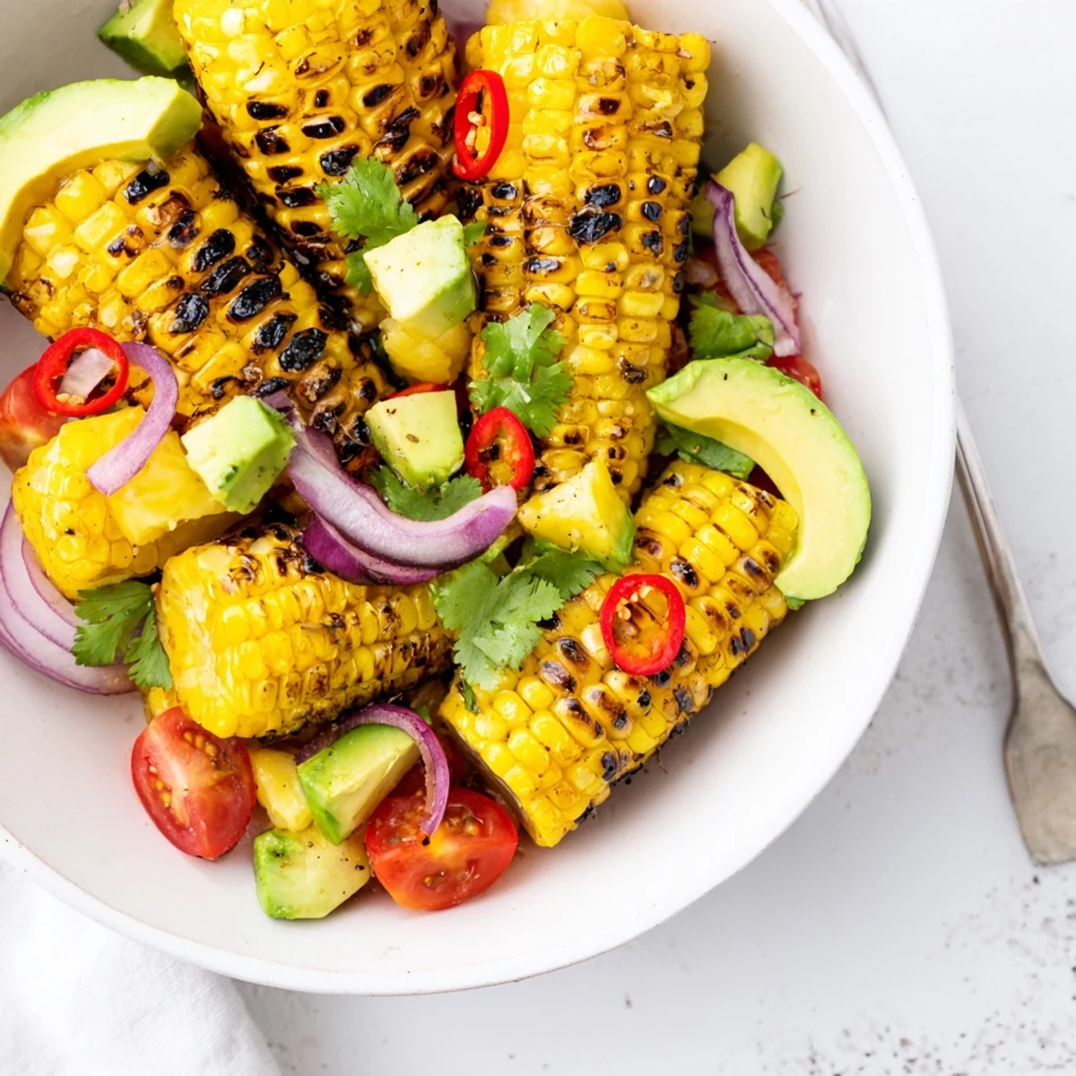 Grilled and bright Tropical Charred Corn And Avocado Salad served with tortilla chips