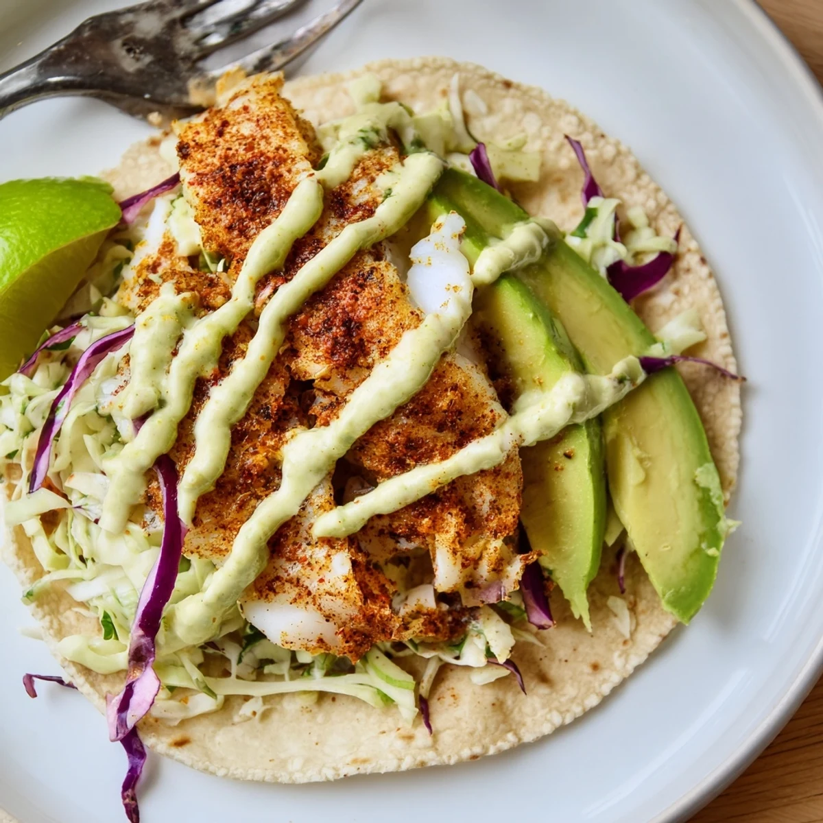 Baked Cod Fish Tacos with Creamy Cilantro Lime Sauce drizzled over flaky fish