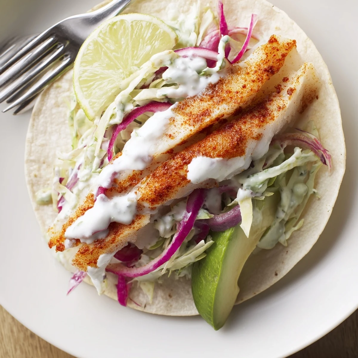 Baked Cod Fish Tacos with Creamy Cilantro Lime Sauce topped with crisp slaw